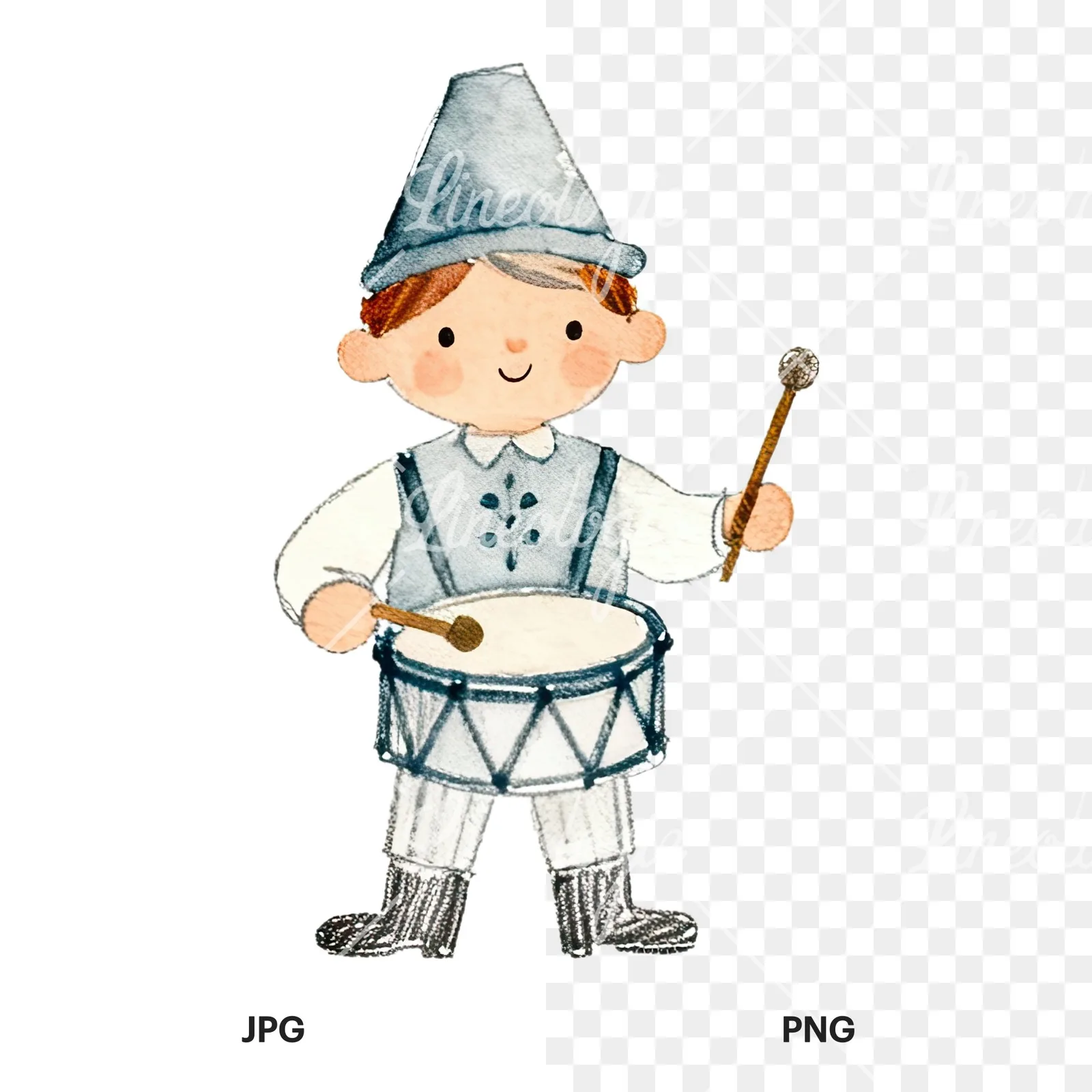 Watercolor colorful little drummer boy clipart 2 of 9, as a JPG on white and a transparent PNG
