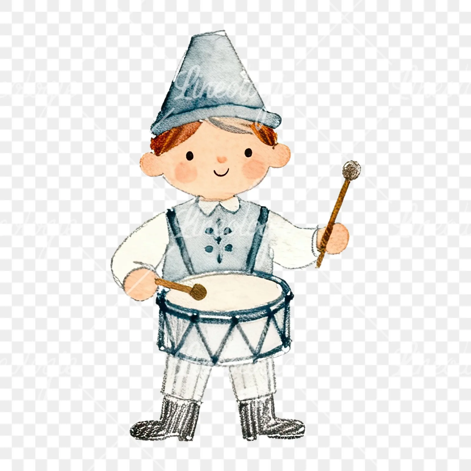 Watercolor colorful little drummer boy clipart 2 of 9 on a transparent background (PNG)