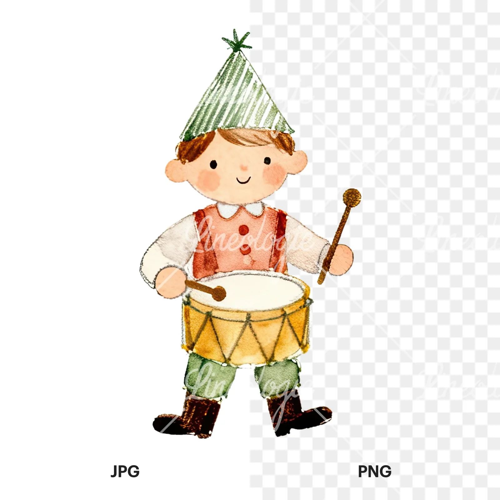 Watercolor colorful little drummer boy clipart 4 of 9, as a JPG on white and a transparent PNG