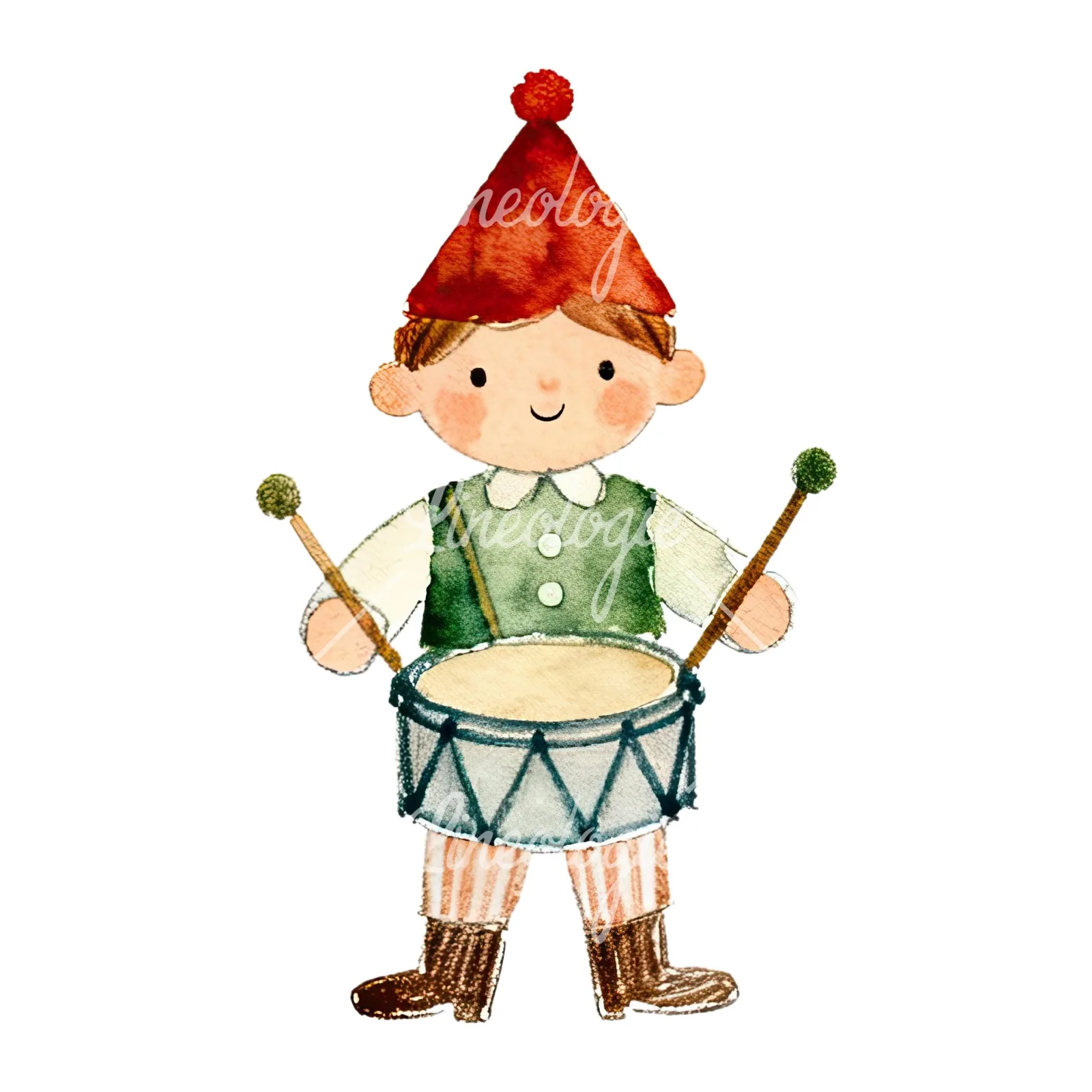 Watercolor colorful little drummer boy clipart 5 of 9 on a white background (JPG)