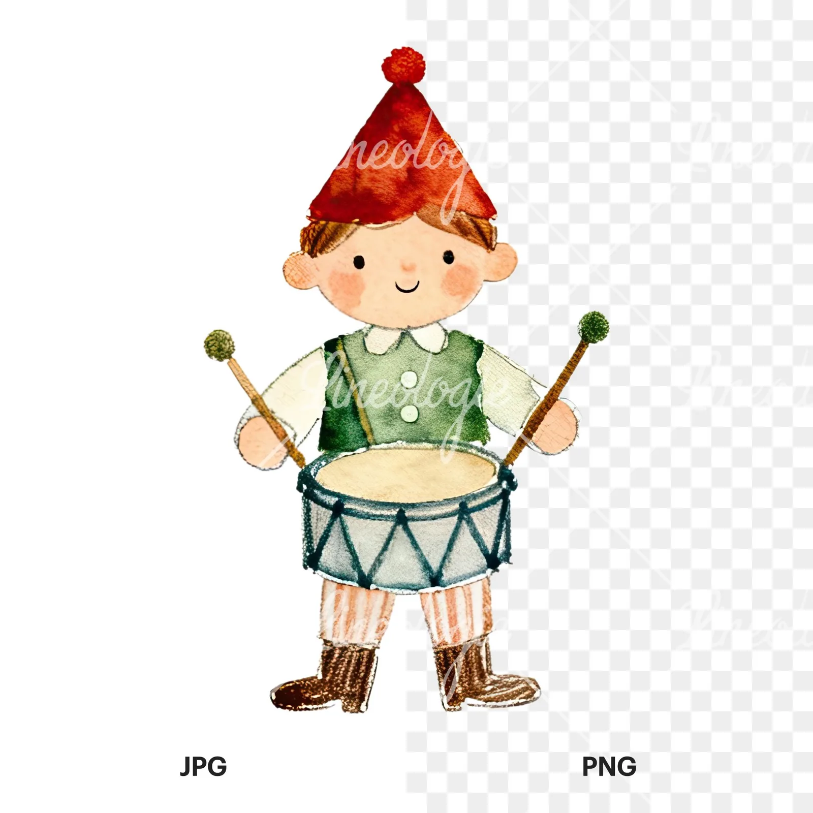 Watercolor colorful little drummer boy clipart 5 of 9, as a JPG on white and a transparent PNG