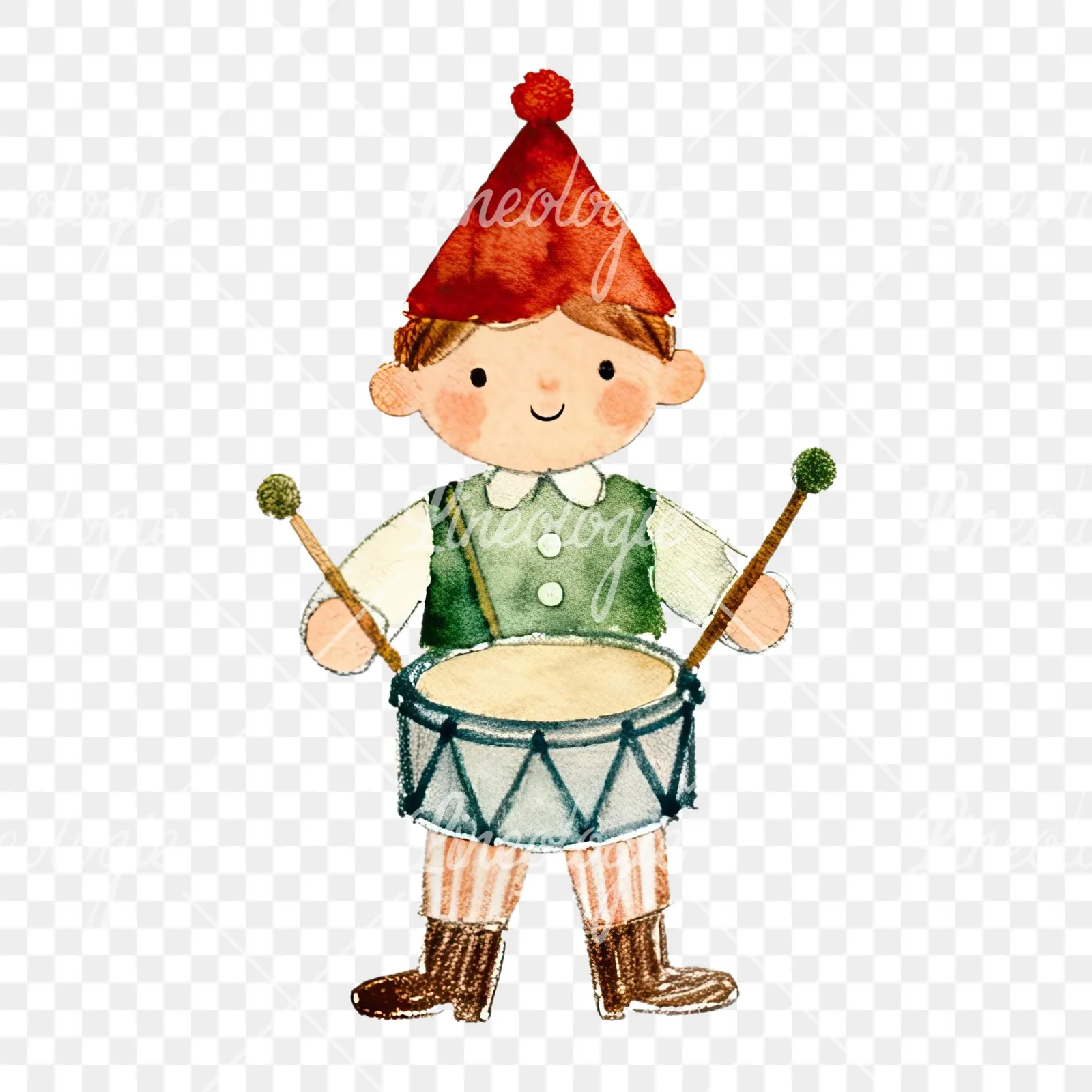 Watercolor colorful little drummer boy clipart 5 of 9 on a transparent background (PNG)