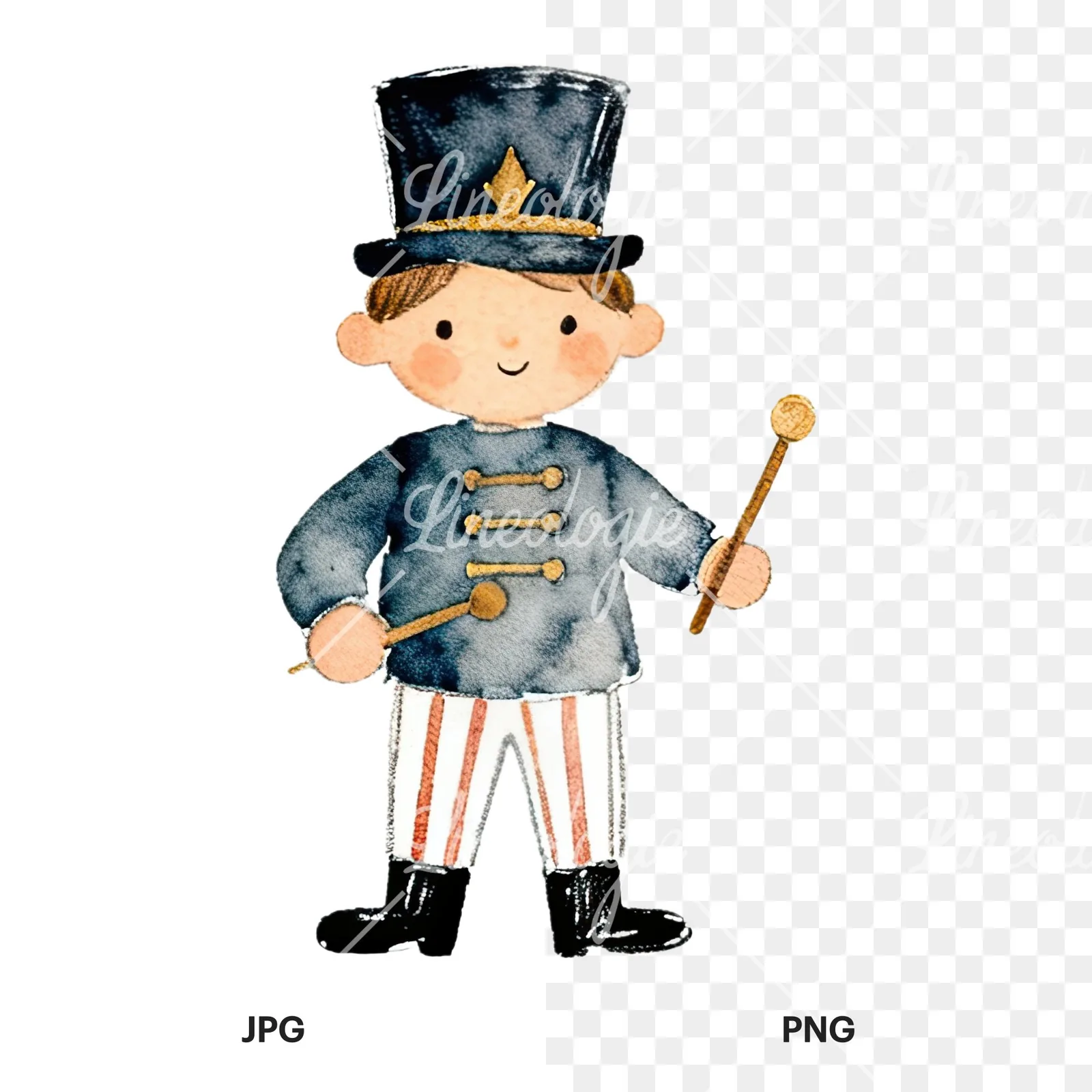 Watercolor colorful little drummer boy clipart 6 of 9, as a JPG on white and a transparent PNG