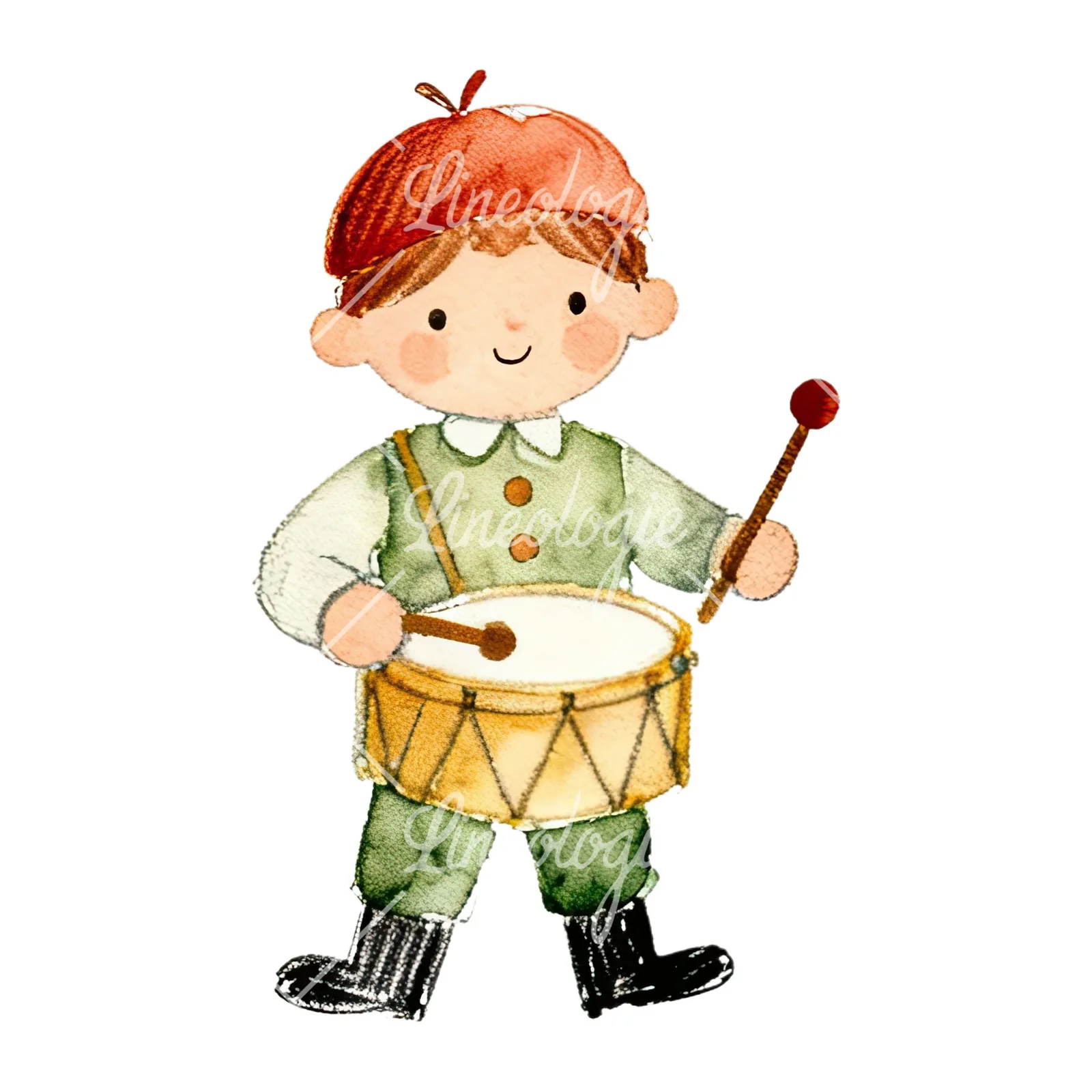 Watercolor colorful little drummer boy clipart 7 of 9 on a white background (JPG)