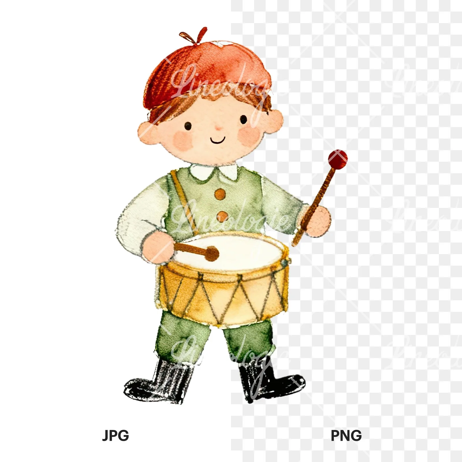 Watercolor colorful little drummer boy clipart 7 of 9, as a JPG on white and a transparent PNG