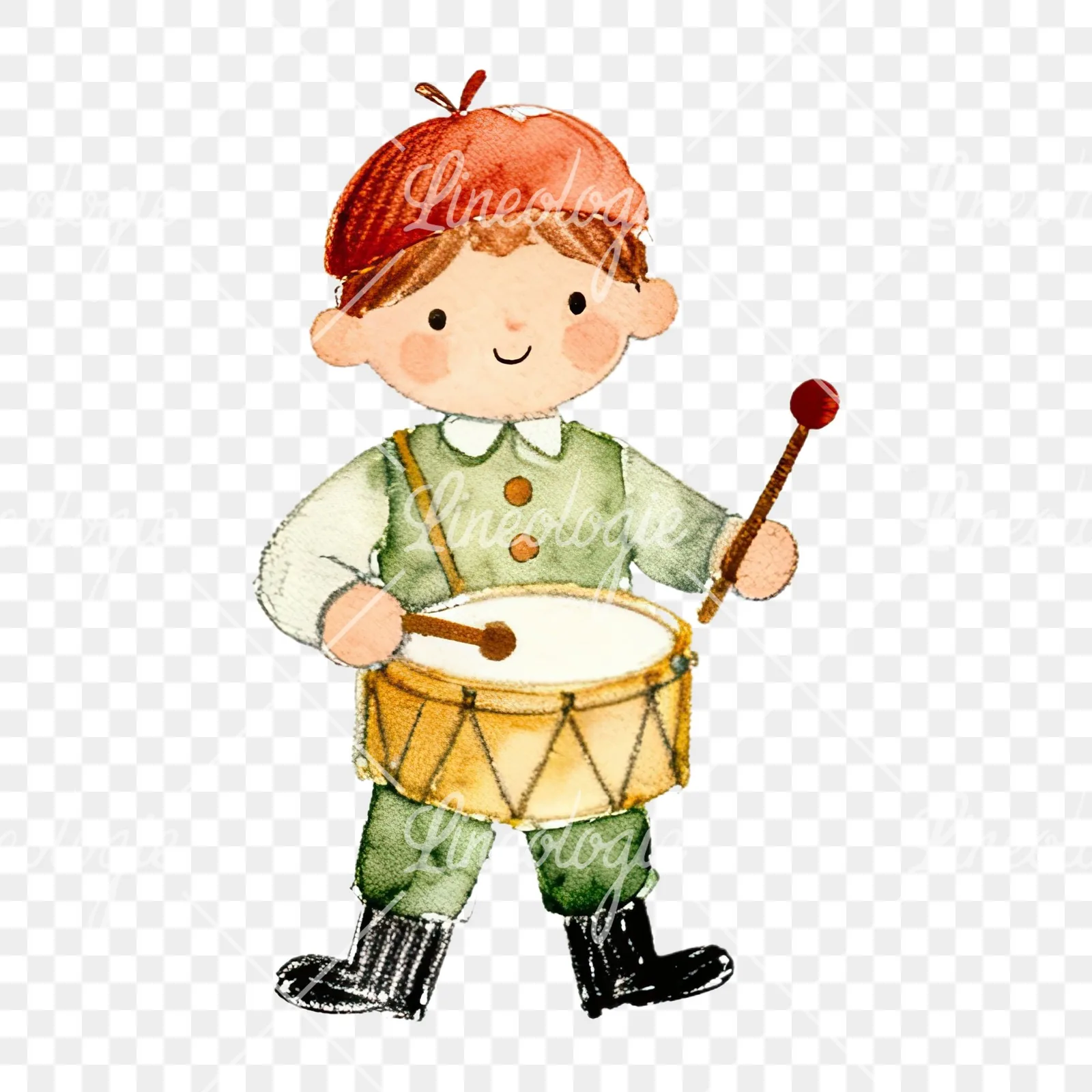 Watercolor colorful little drummer boy clipart 7 of 9 on a transparent background (PNG)