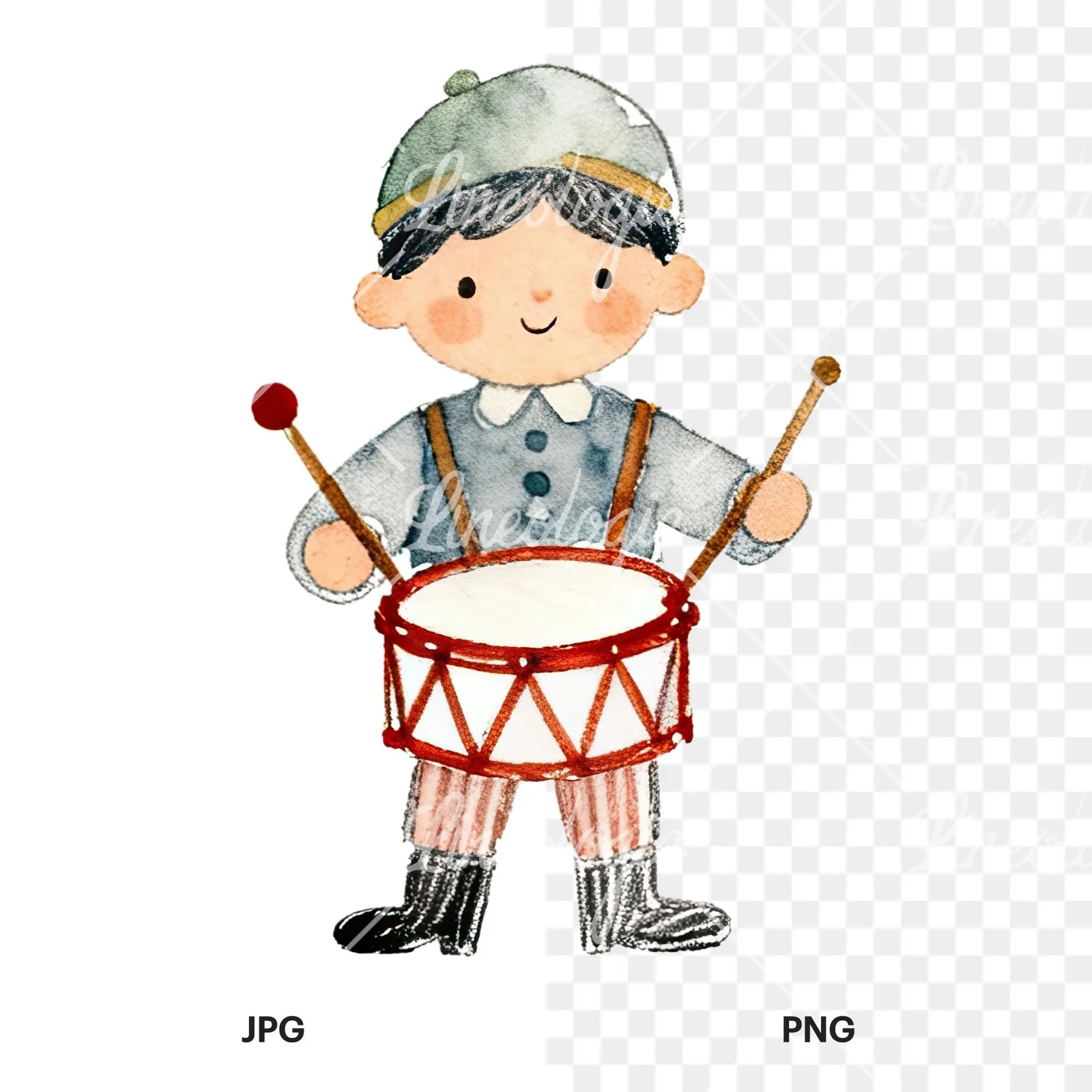 Watercolor colorful little drummer boy clipart 8 of 9, as a JPG on white and a transparent PNG