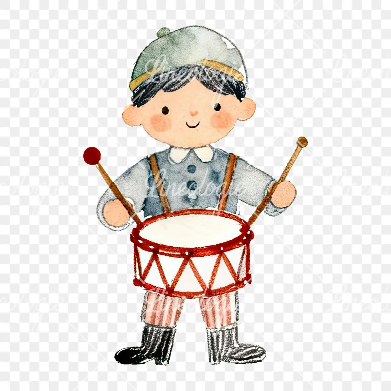 Watercolor colorful little drummer boy clipart 8 of 9 on a transparent background (PNG)