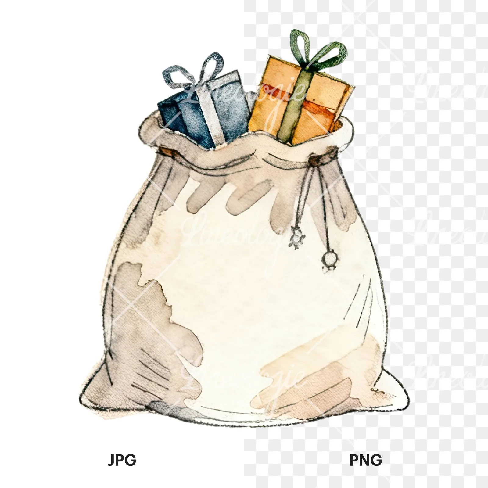 Watercolor santa sack clipart 1 of 9, as a JPG on white and a transparent PNG