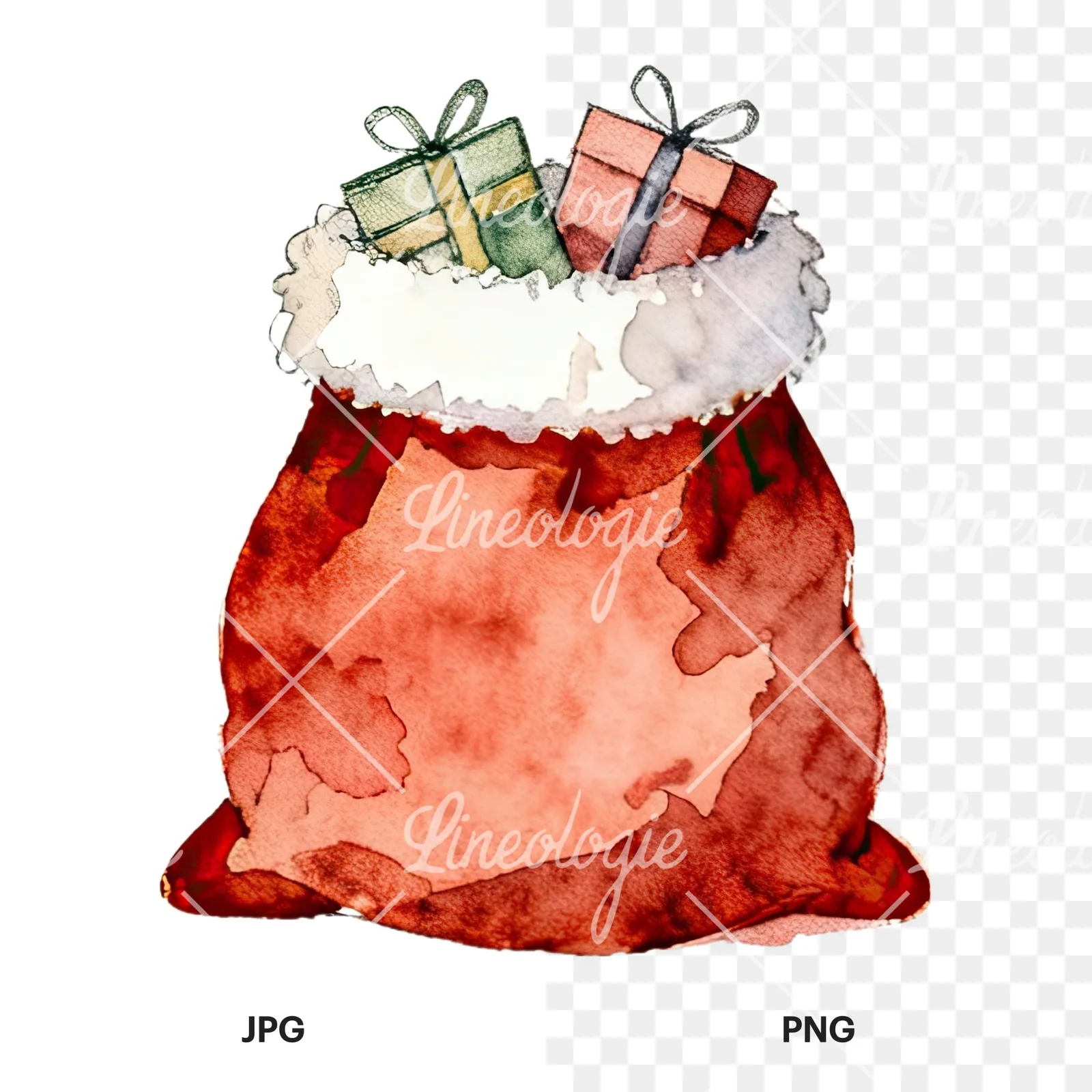 Watercolor santa sack clipart 2 of 9, as a JPG on white and a transparent PNG