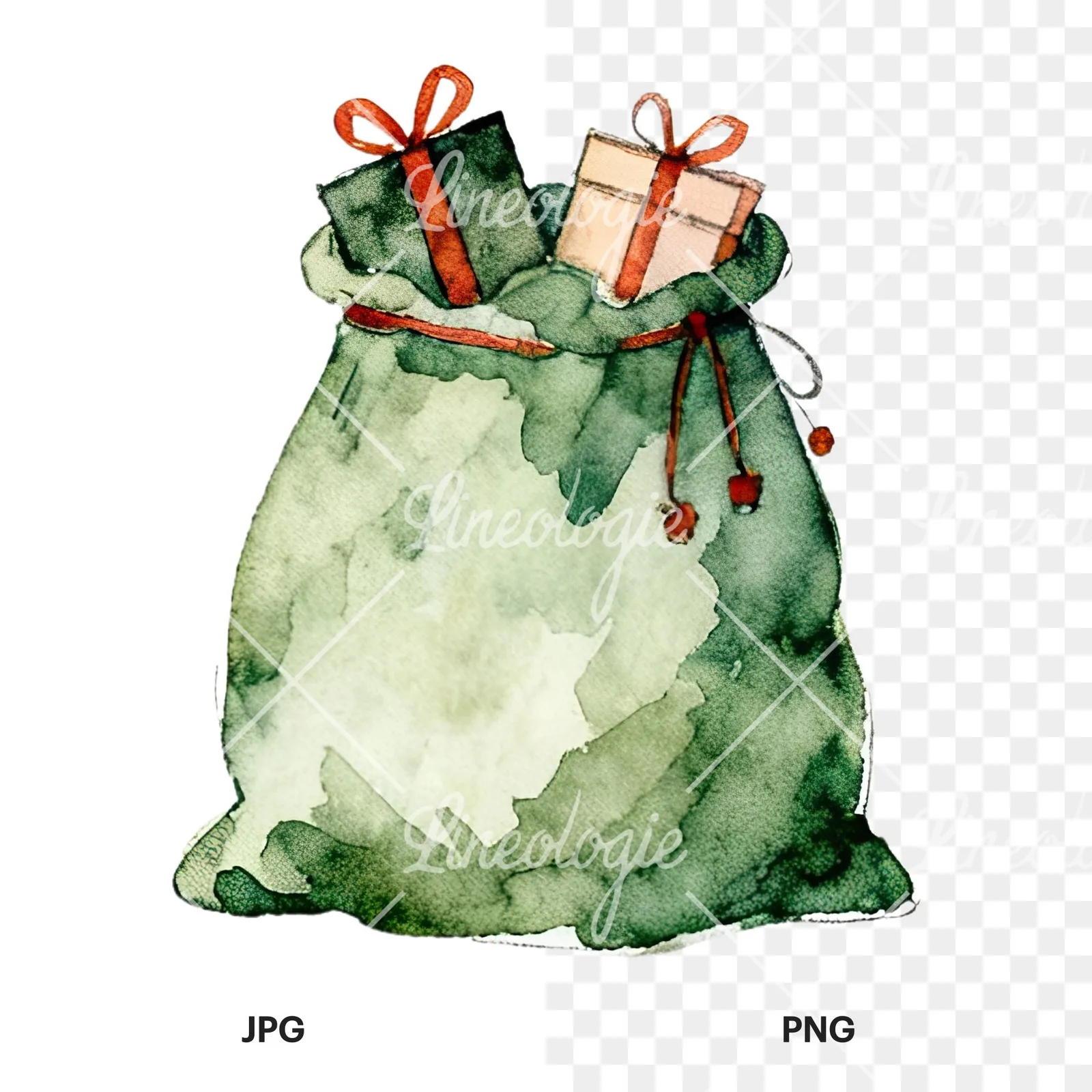 Watercolor santa sack clipart 3 of 9, as a JPG on white and a transparent PNG