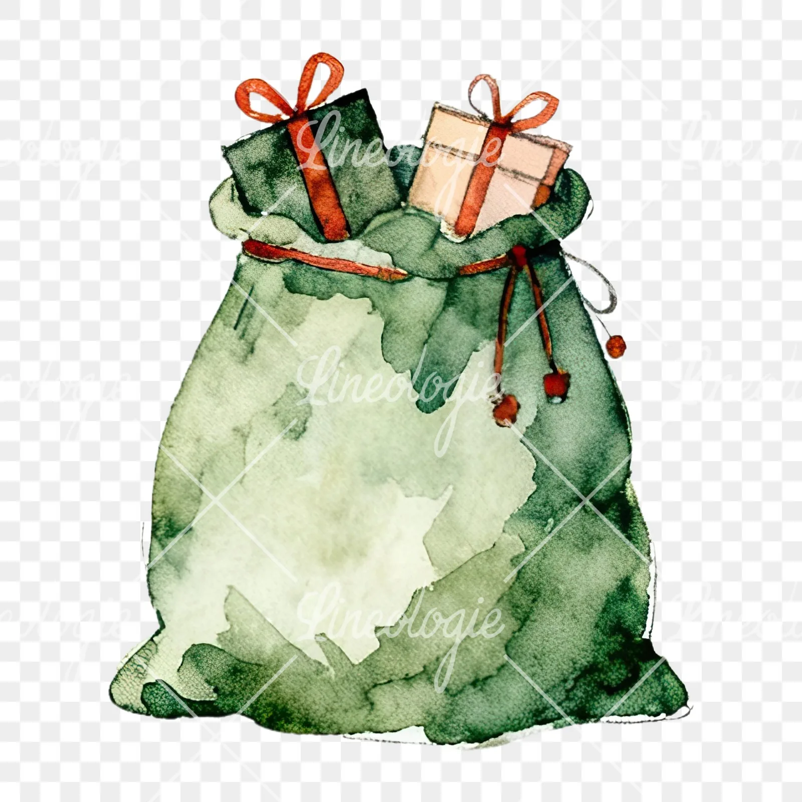 Watercolor santa sack clipart 3 of 9 on a transparent background (PNG)