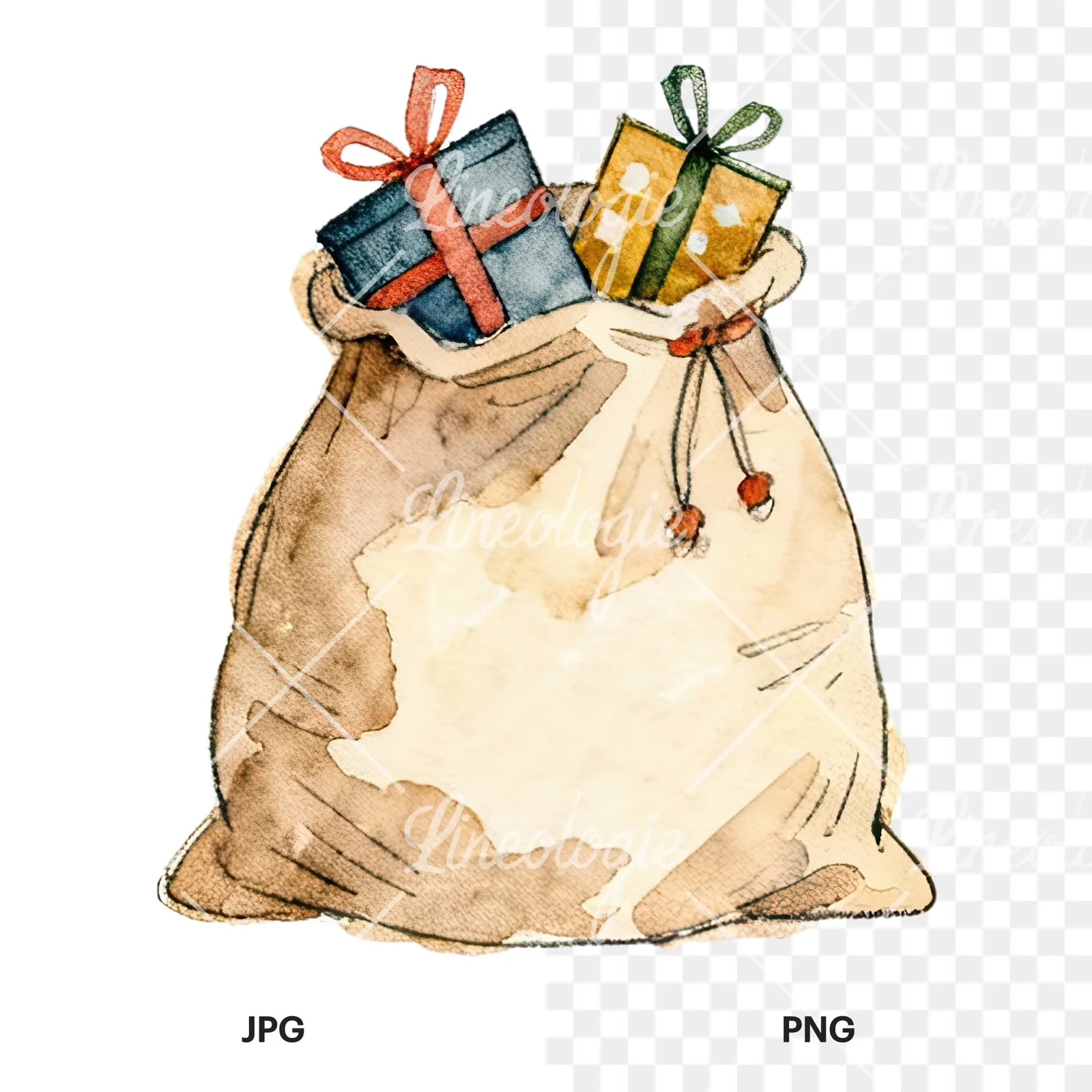Watercolor santa sack clipart 4 of 9, as a JPG on white and a transparent PNG