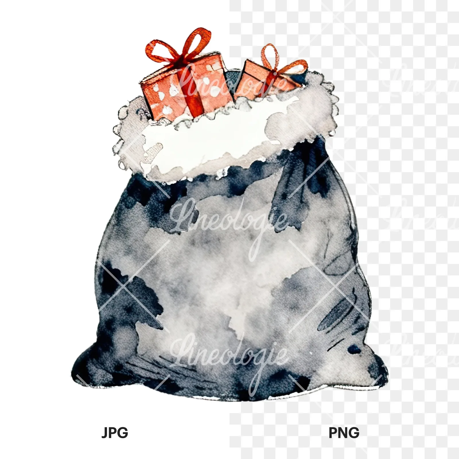 Watercolor santa sack clipart 5 of 9, as a JPG on white and a transparent PNG