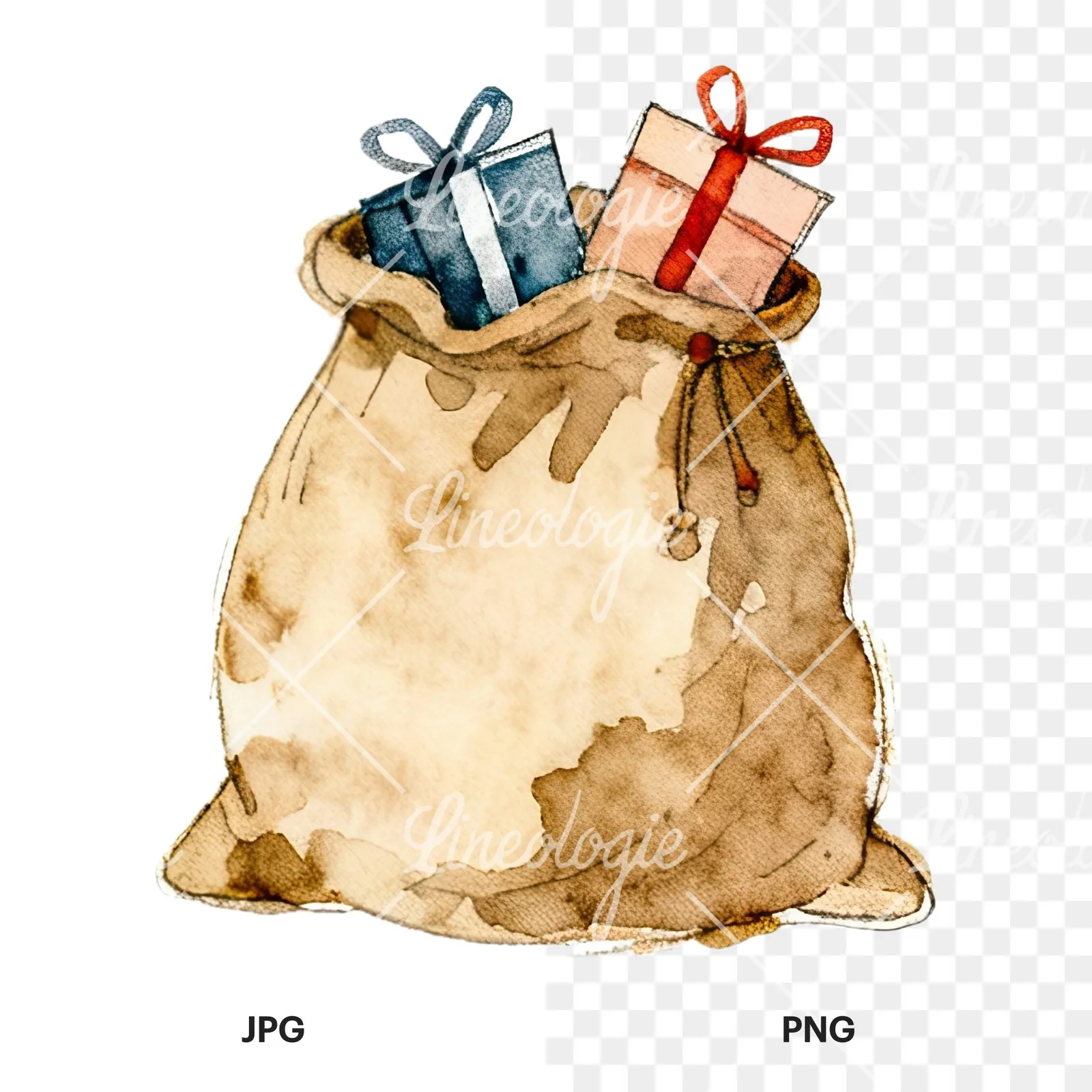 Watercolor santa sack clipart 6 of 9, as a JPG on white and a transparent PNG