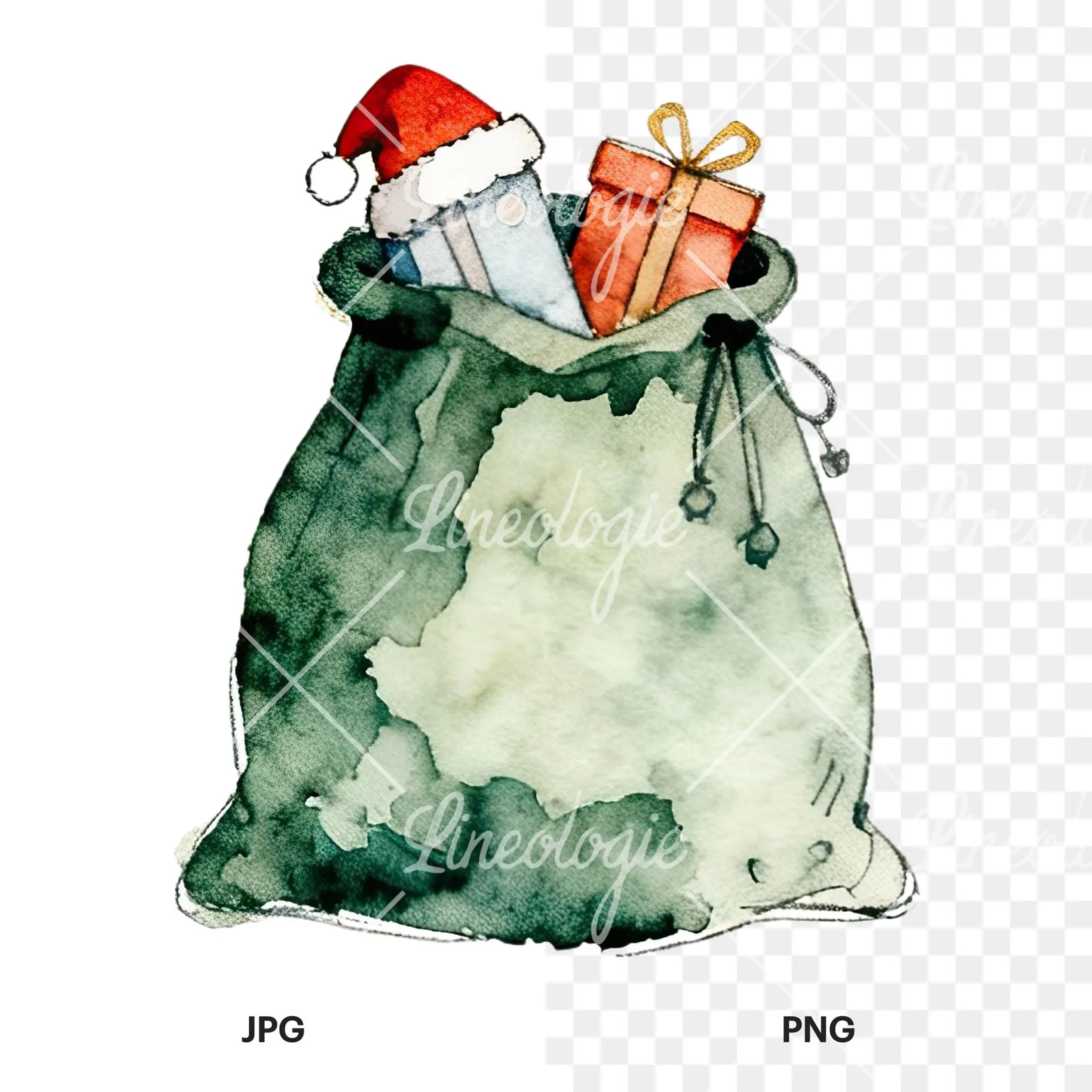 Watercolor santa sack clipart 7 of 9, as a JPG on white and a transparent PNG