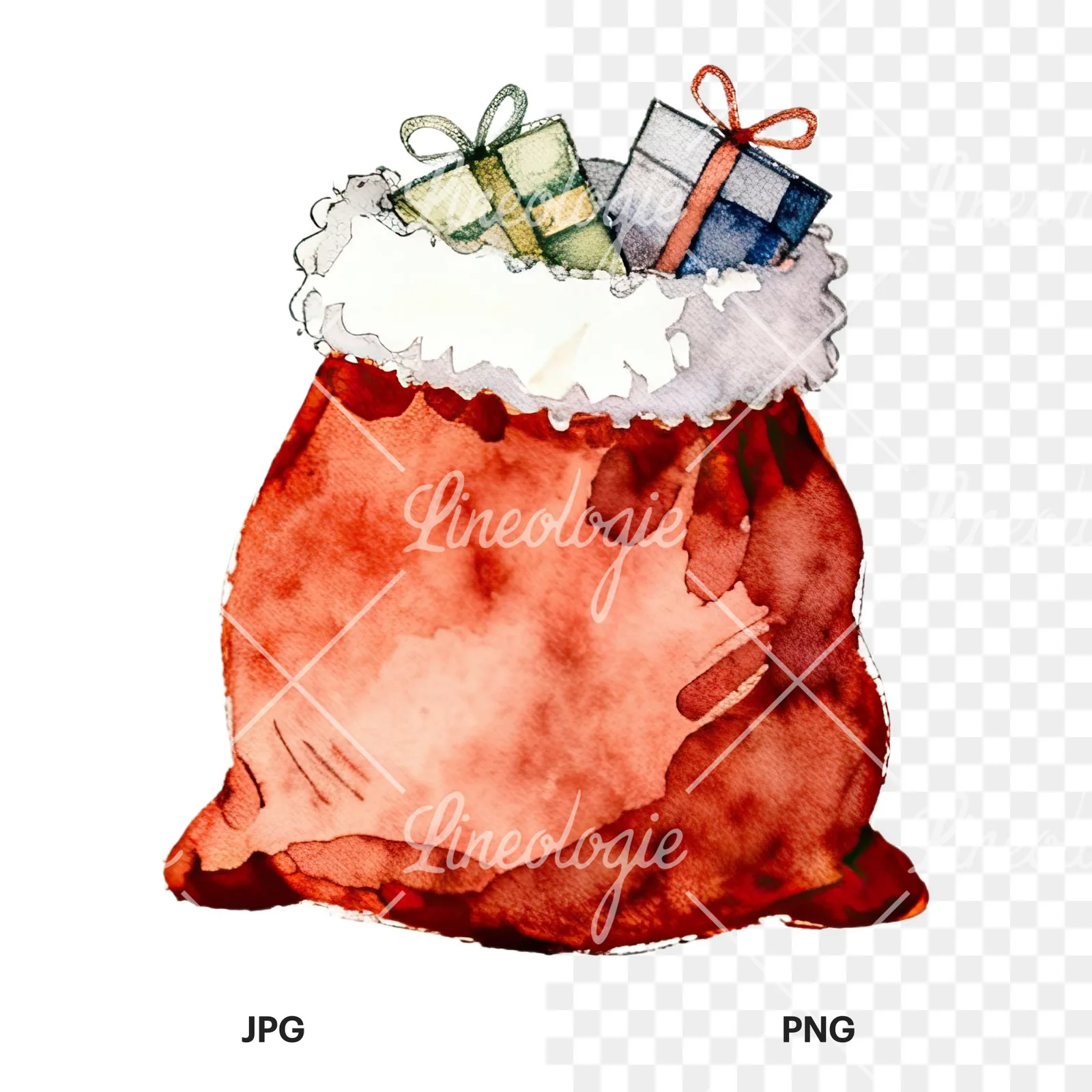 Watercolor santa sack clipart 8 of 9, as a JPG on white and a transparent PNG
