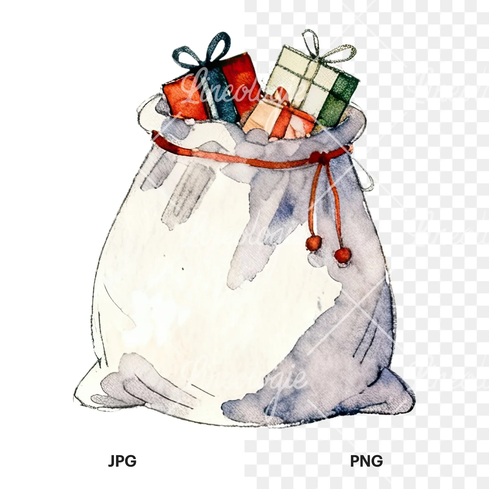 Watercolor santa sack clipart 9 of 9, as a JPG on white and a transparent PNG