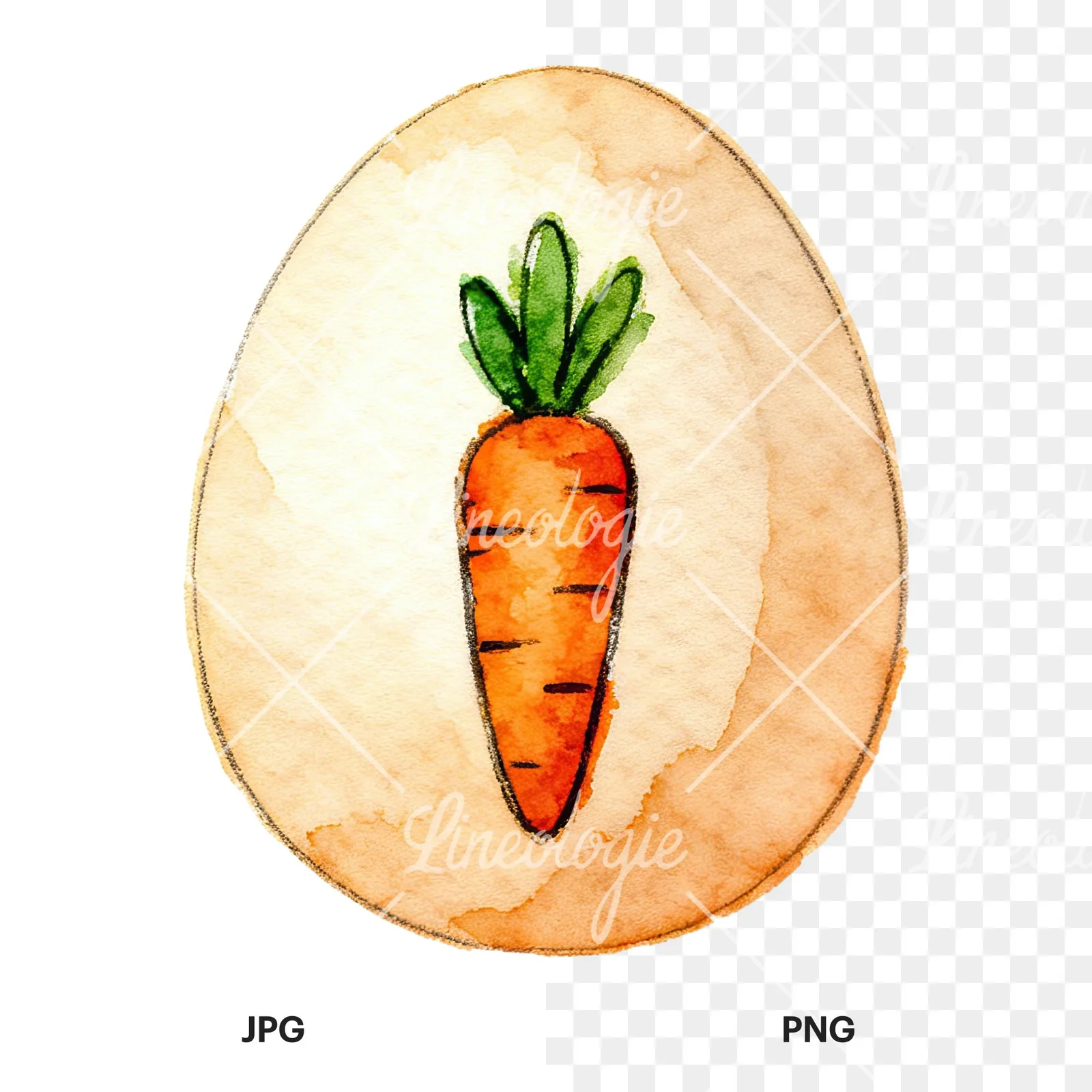 Watercolor Easter egg with bunny and carrot clipart 1 of 12, as a JPG on white and a transparent PNG