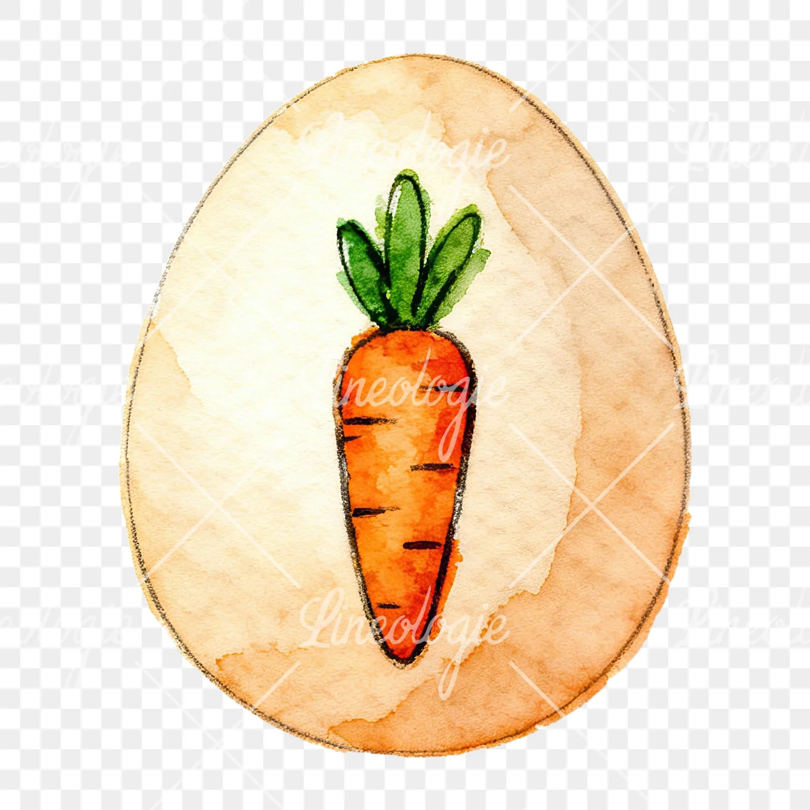 Watercolor Easter egg with bunny and carrot clipart 1 of 12 on a transparent background (PNG)