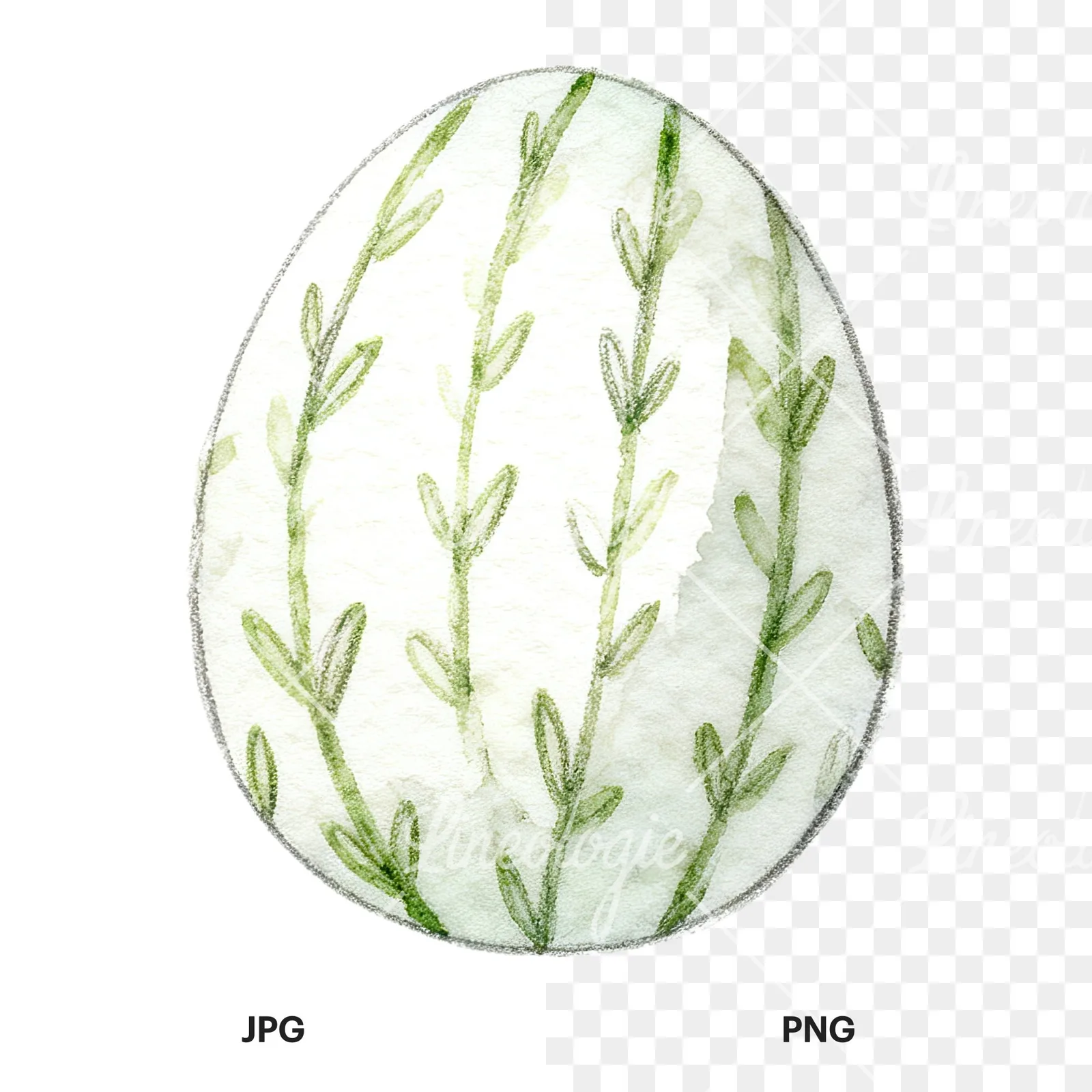 Watercolor Easter egg with bunny and carrot clipart 3 of 12, as a JPG on white and a transparent PNG