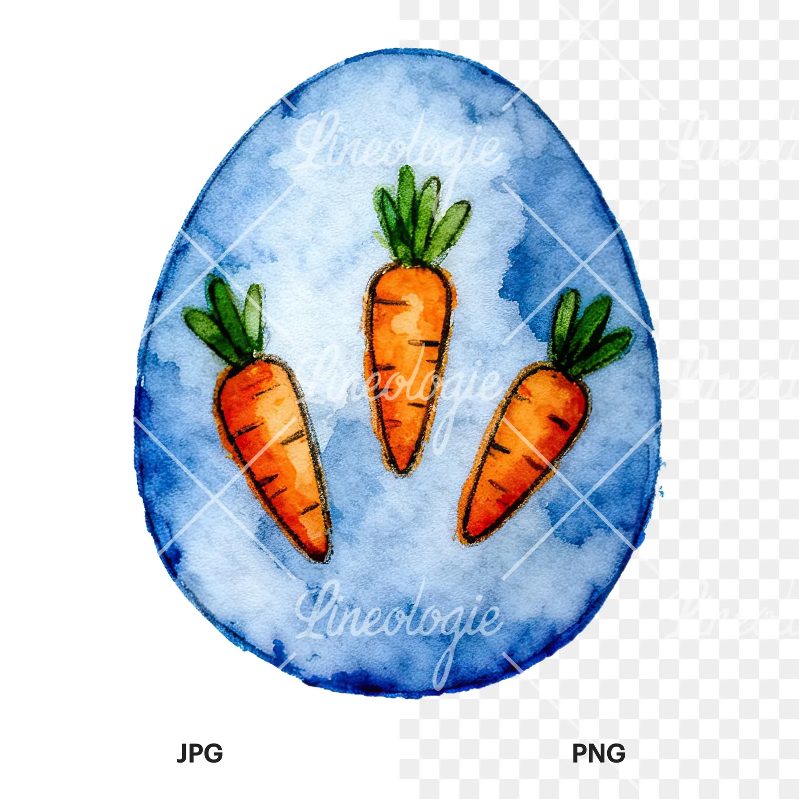 Watercolor Easter egg with bunny and carrot clipart 4 of 12, as a JPG on white and a transparent PNG