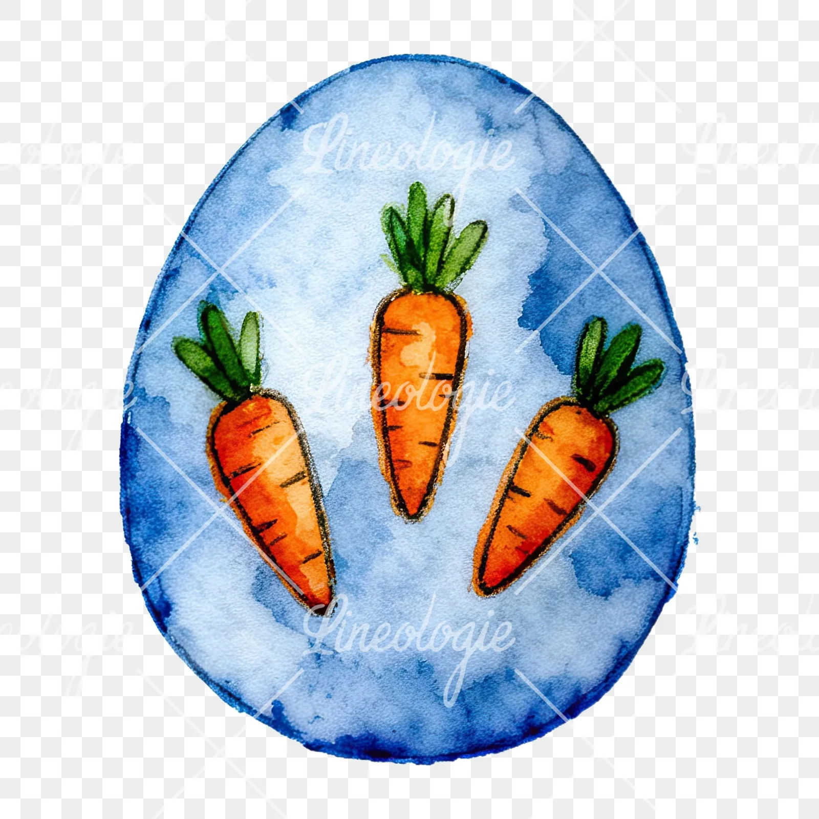 Watercolor Easter egg with bunny and carrot clipart 4 of 12 on a transparent background (PNG)
