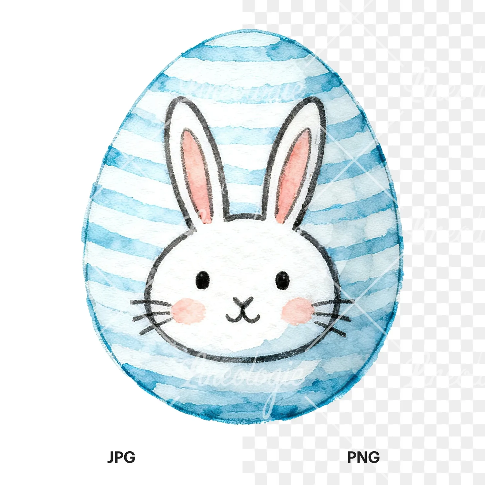 Watercolor Easter egg with bunny and carrot clipart 5 of 12, as a JPG on white and a transparent PNG