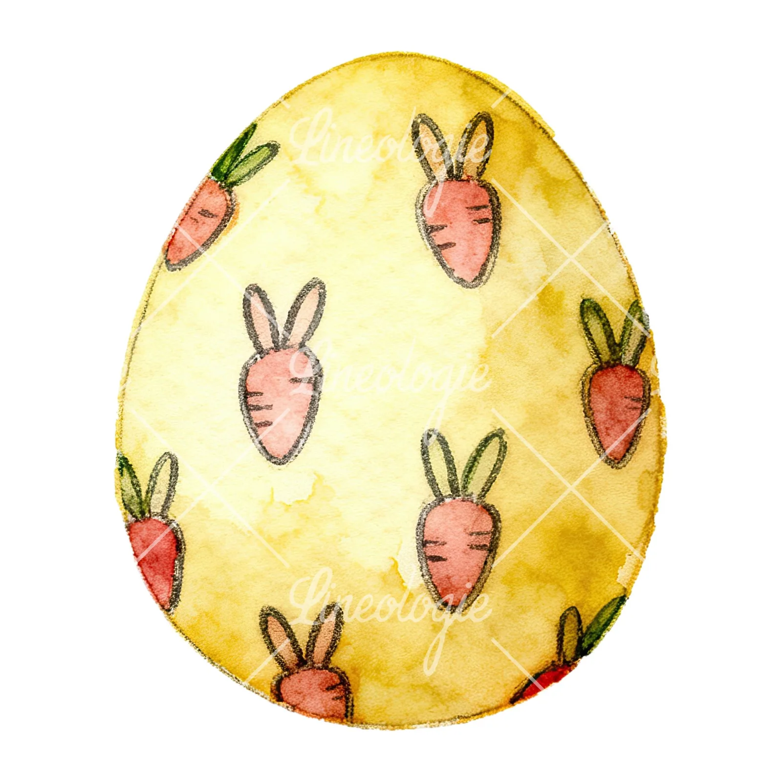 Watercolor Easter egg with bunny and carrot clipart 6 of 12 on a white background (JPG)