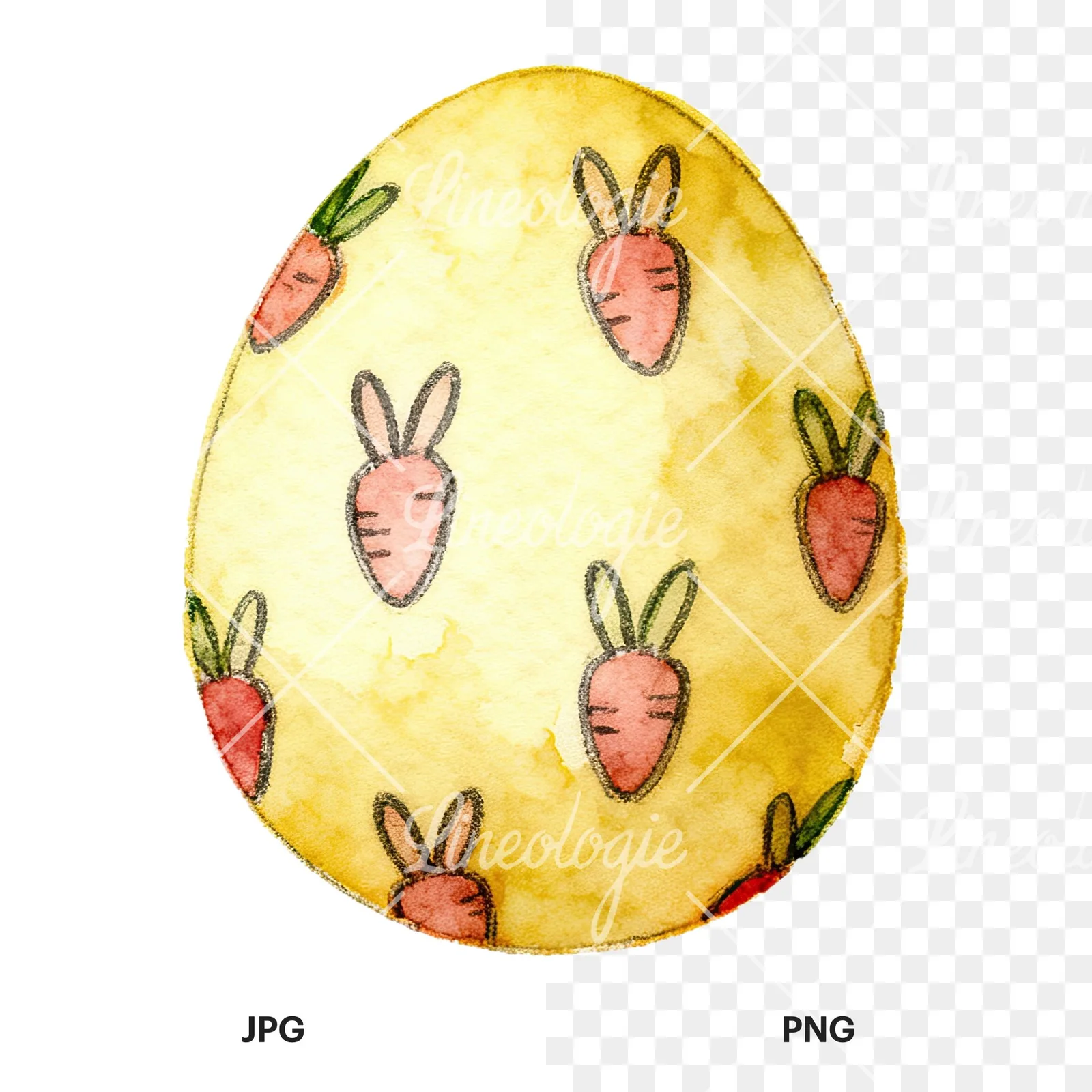 Watercolor Easter egg with bunny and carrot clipart 6 of 12, as a JPG on white and a transparent PNG