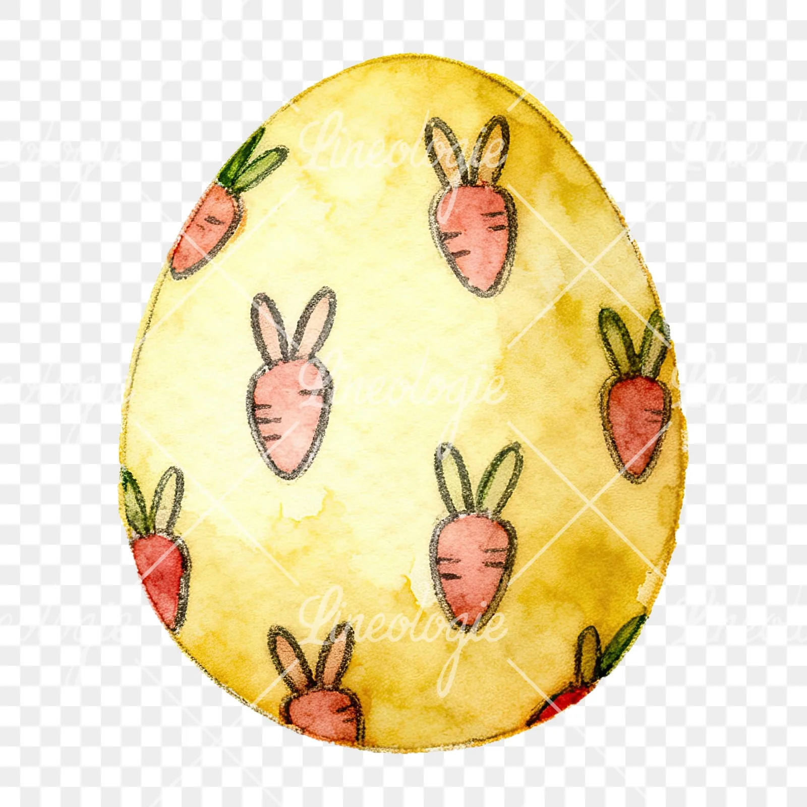 Watercolor Easter egg with bunny and carrot clipart 6 of 12 on a transparent background (PNG)