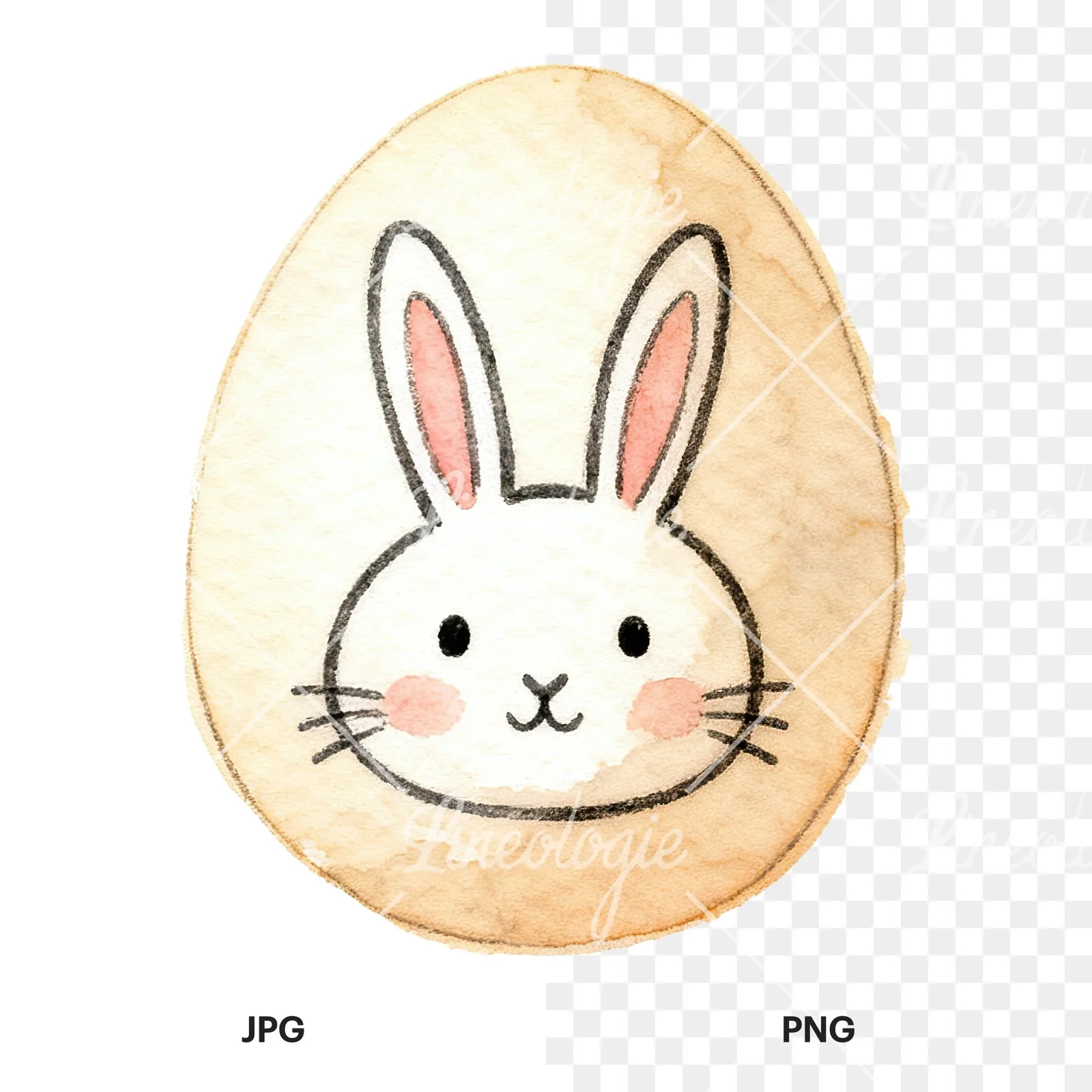 Watercolor Easter egg with bunny and carrot clipart 8 of 12, as a JPG on white and a transparent PNG