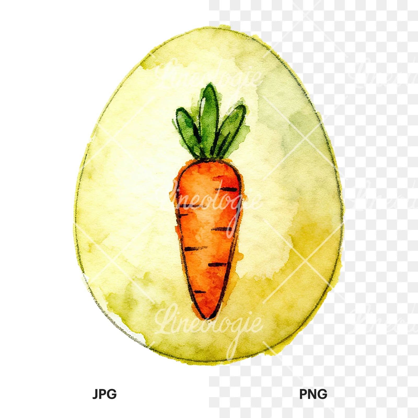 Watercolor Easter egg with bunny and carrot clipart 10 of 12, as a JPG on white and a transparent PNG