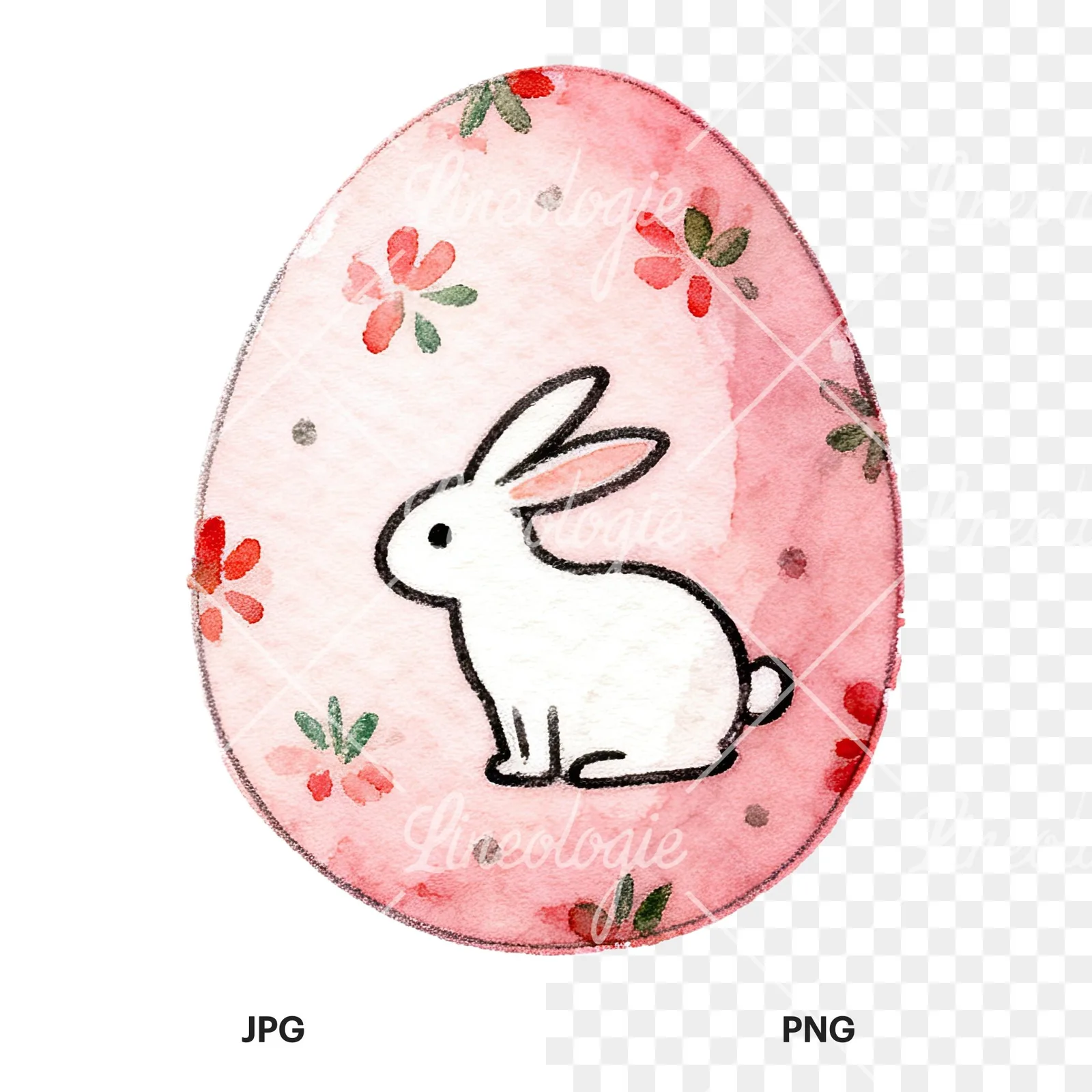 Watercolor Easter egg with bunny and carrot clipart 12 of 12, as a JPG on white and a transparent PNG