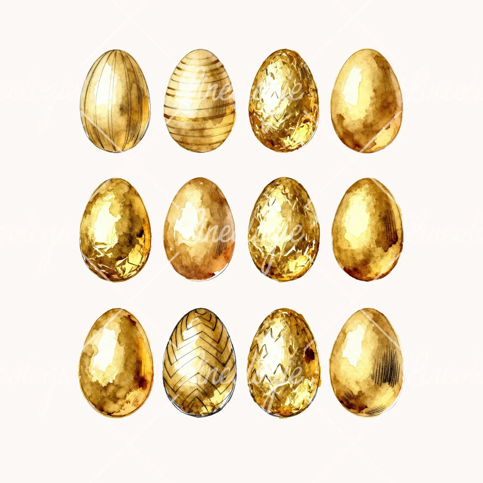 Watercolor Gold Foil Easter Egg Clipart, all 12 illustrations in the pack