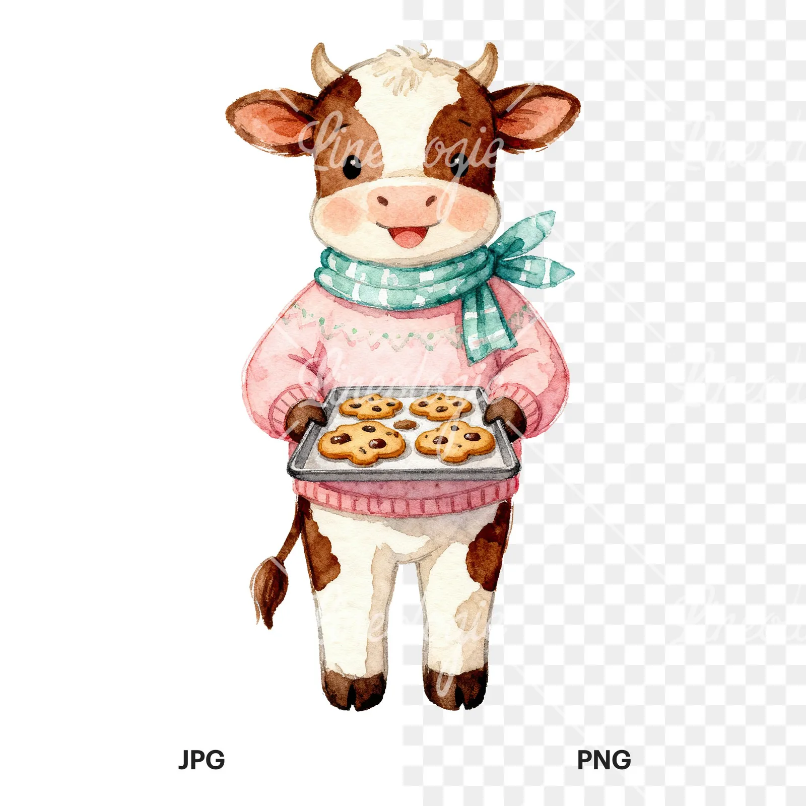 Watercolor baby calf clipart 3 of 6, as a JPG on white and a transparent PNG