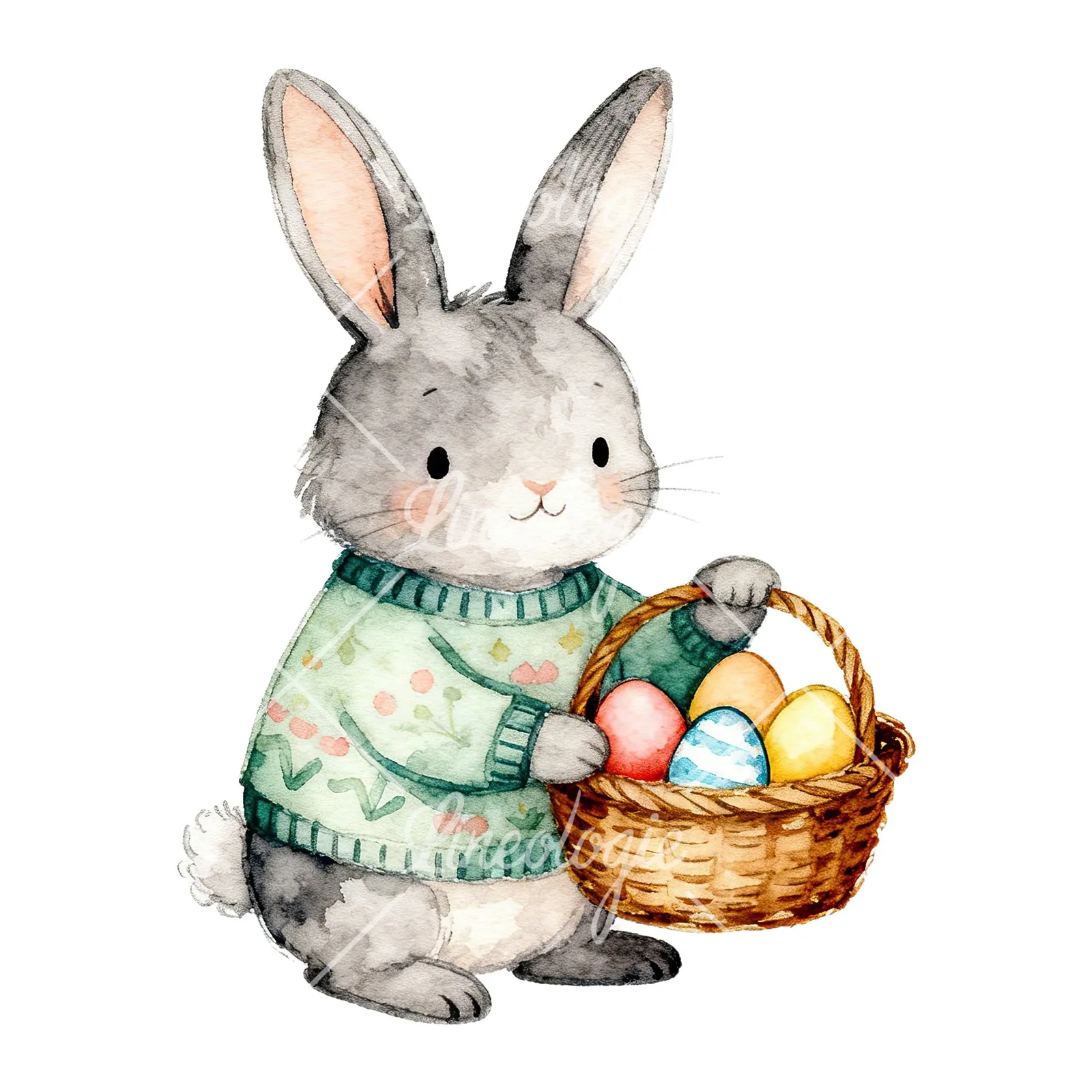Watercolor Easter bunny in sweaters clipart 1 of 6 on a white background (JPG)