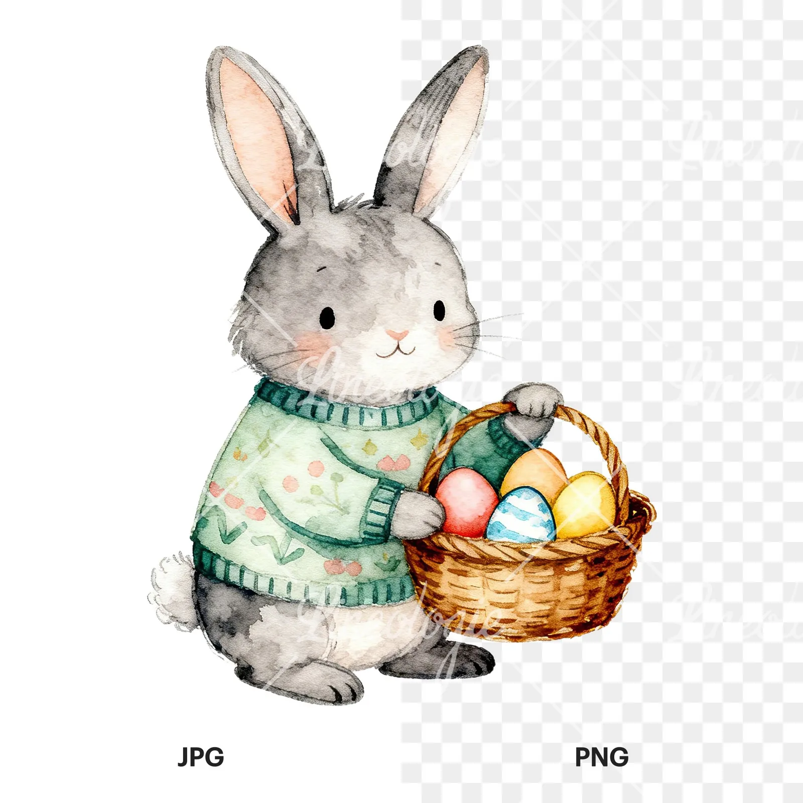 Watercolor Easter bunny in sweaters clipart 1 of 6, as a JPG on white and a transparent PNG