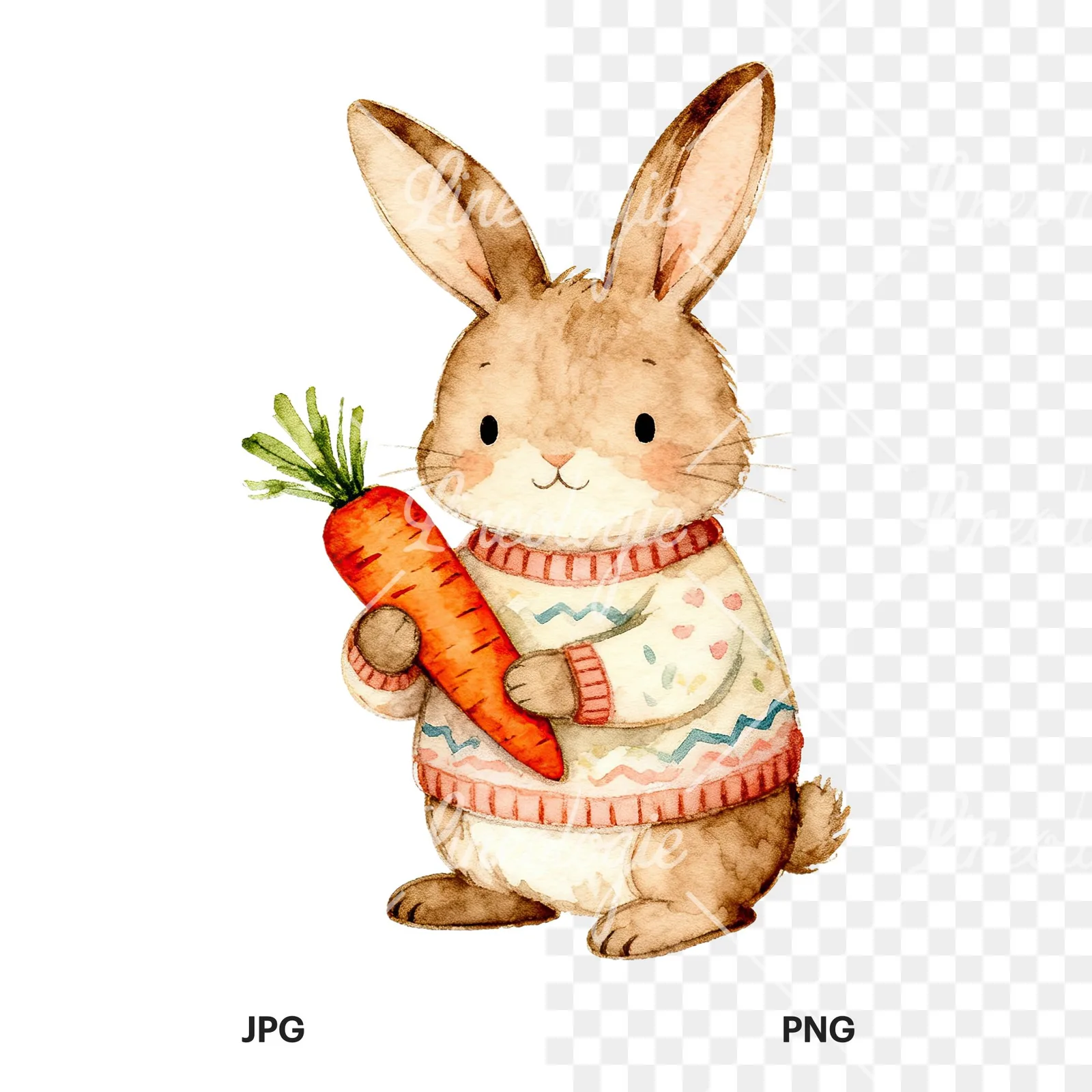 Watercolor Easter bunny in sweaters clipart 2 of 6, as a JPG on white and a transparent PNG