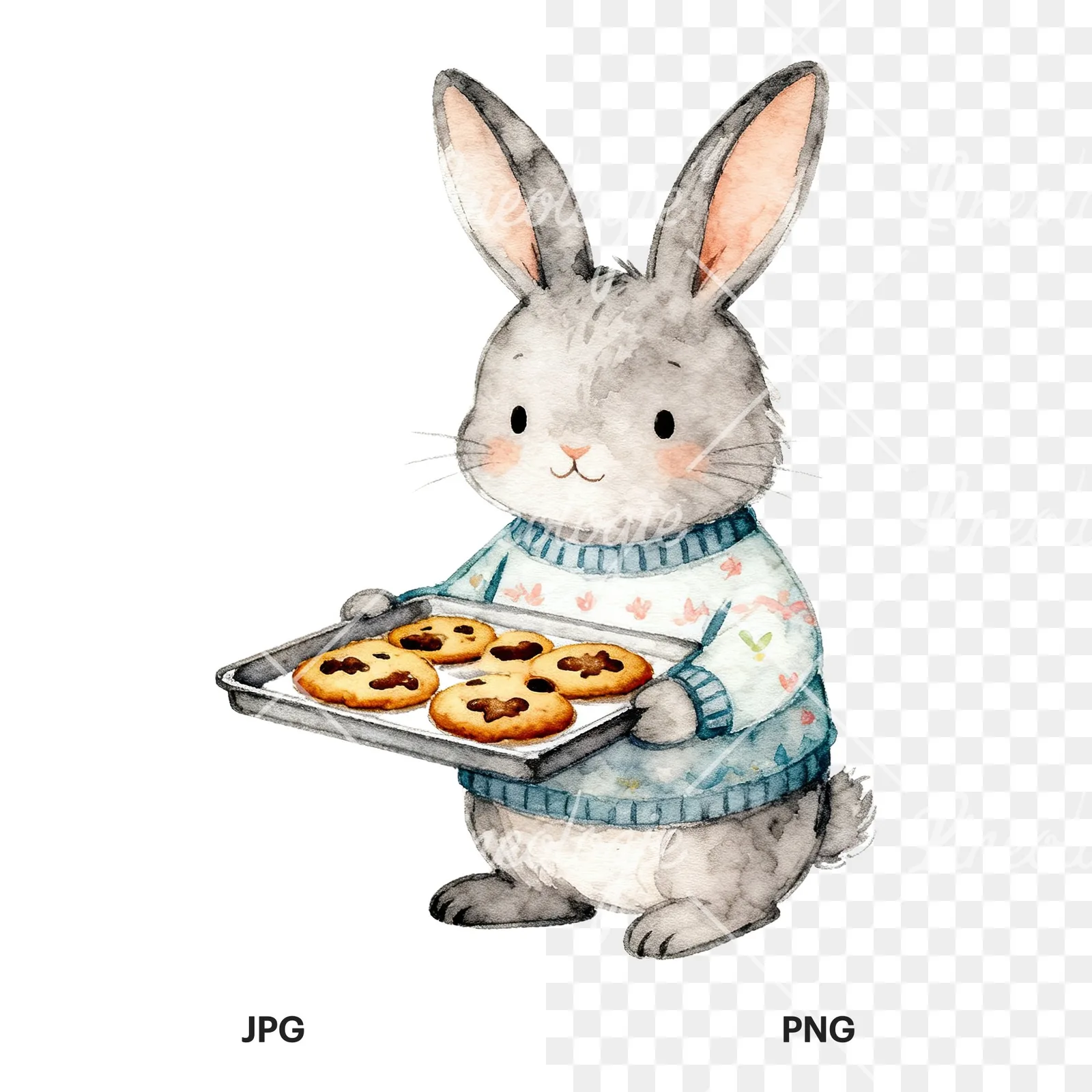 Watercolor Easter bunny in sweaters clipart 3 of 6, as a JPG on white and a transparent PNG