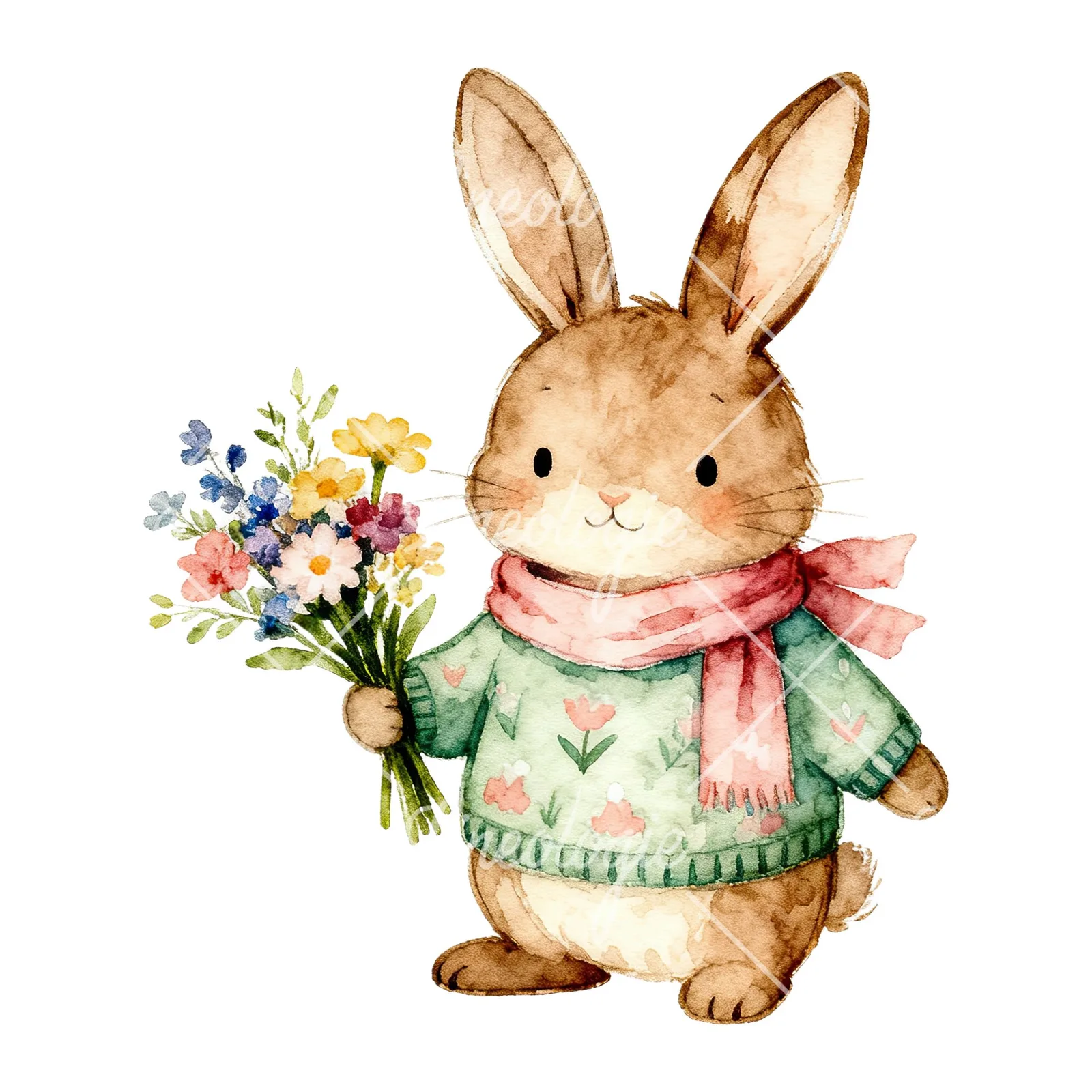 Watercolor Easter bunny in sweaters clipart 4 of 6 on a white background (JPG)