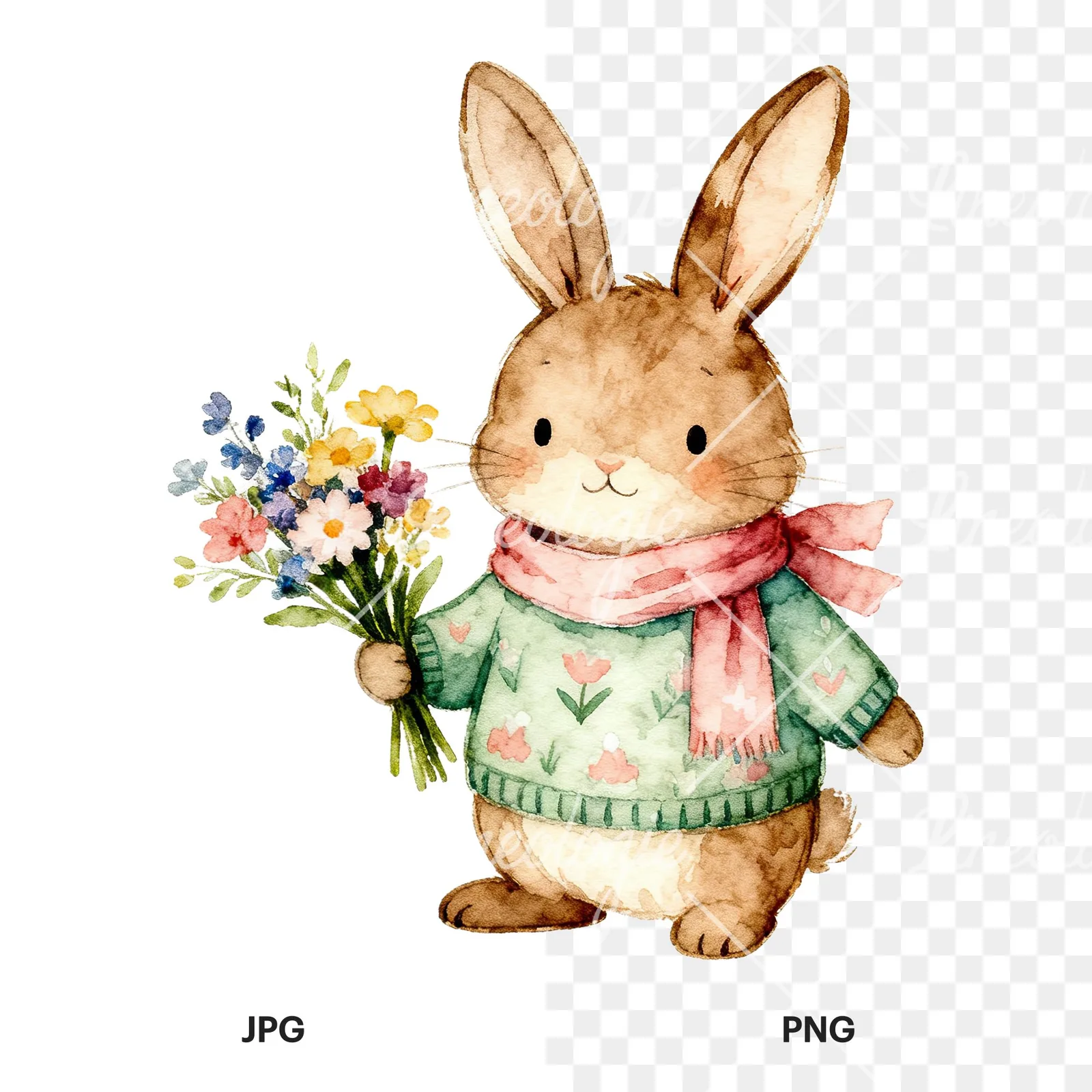 Watercolor Easter bunny in sweaters clipart 4 of 6, as a JPG on white and a transparent PNG