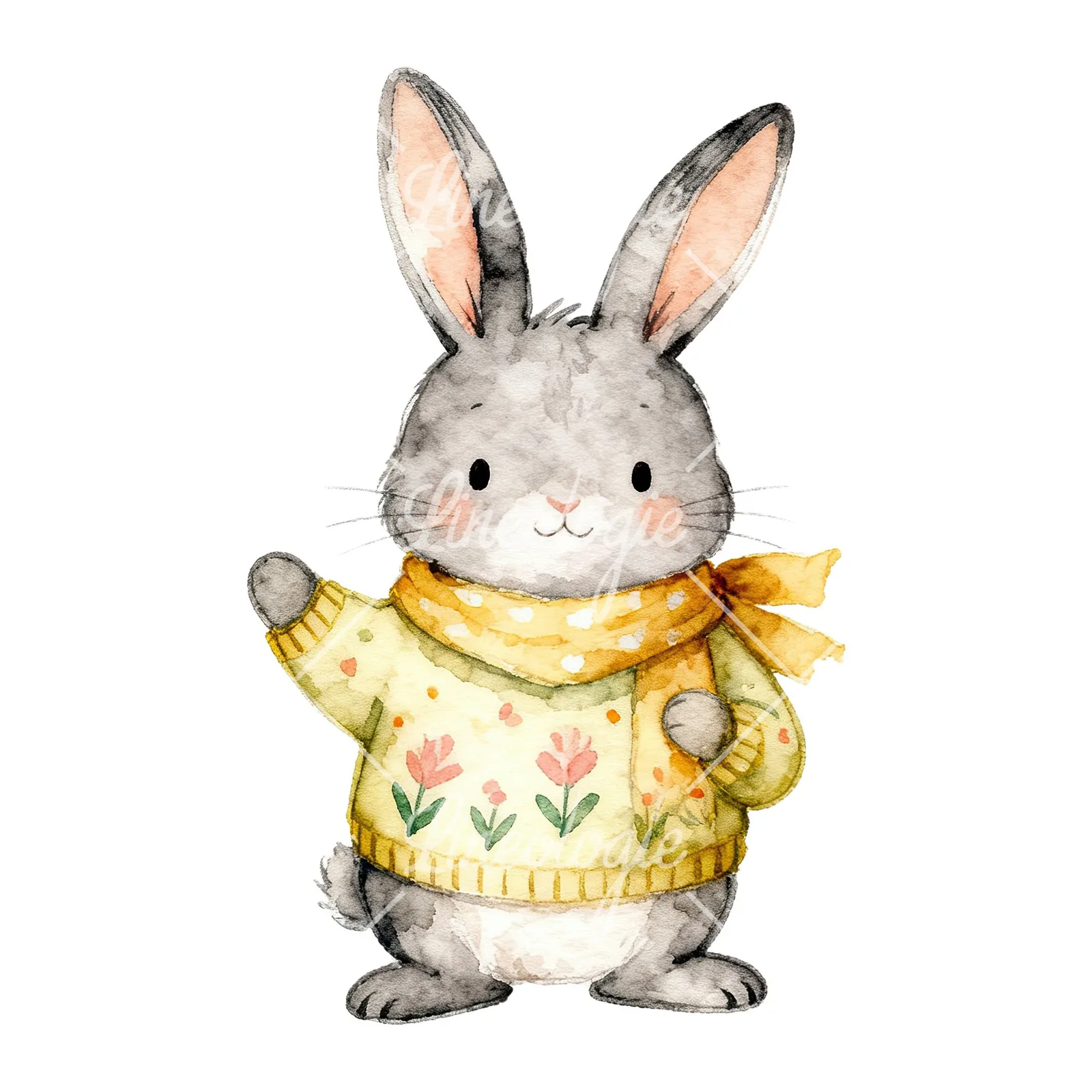 Watercolor Easter bunny in sweaters clipart 5 of 6 on a white background (JPG)