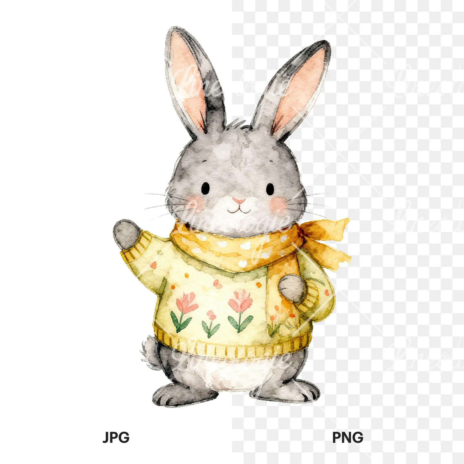 Watercolor Easter bunny in sweaters clipart 5 of 6, as a JPG on white and a transparent PNG