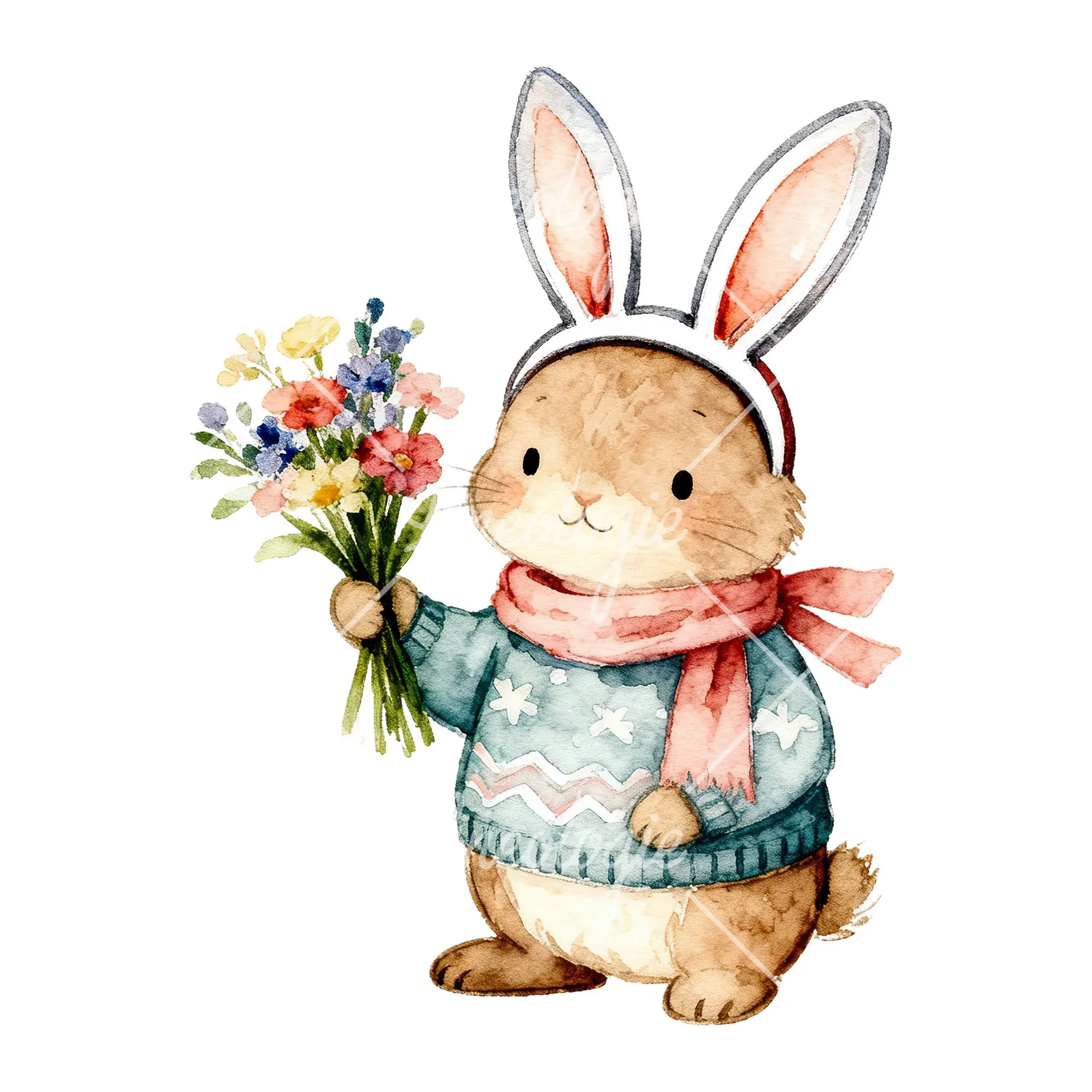 Watercolor Easter bunny in sweaters clipart 6 of 6 on a white background (JPG)