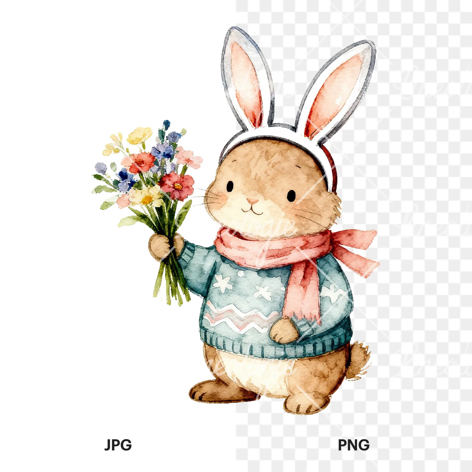 Watercolor Easter bunny in sweaters clipart 6 of 6, as a JPG on white and a transparent PNG