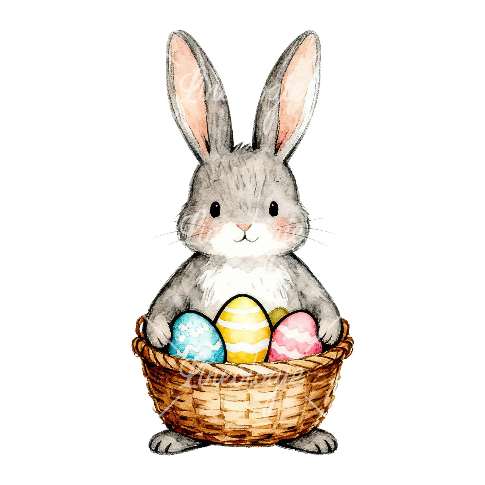 Watercolor Easter bunny with floral accents clipart 1 of 8 on a white background (JPG)