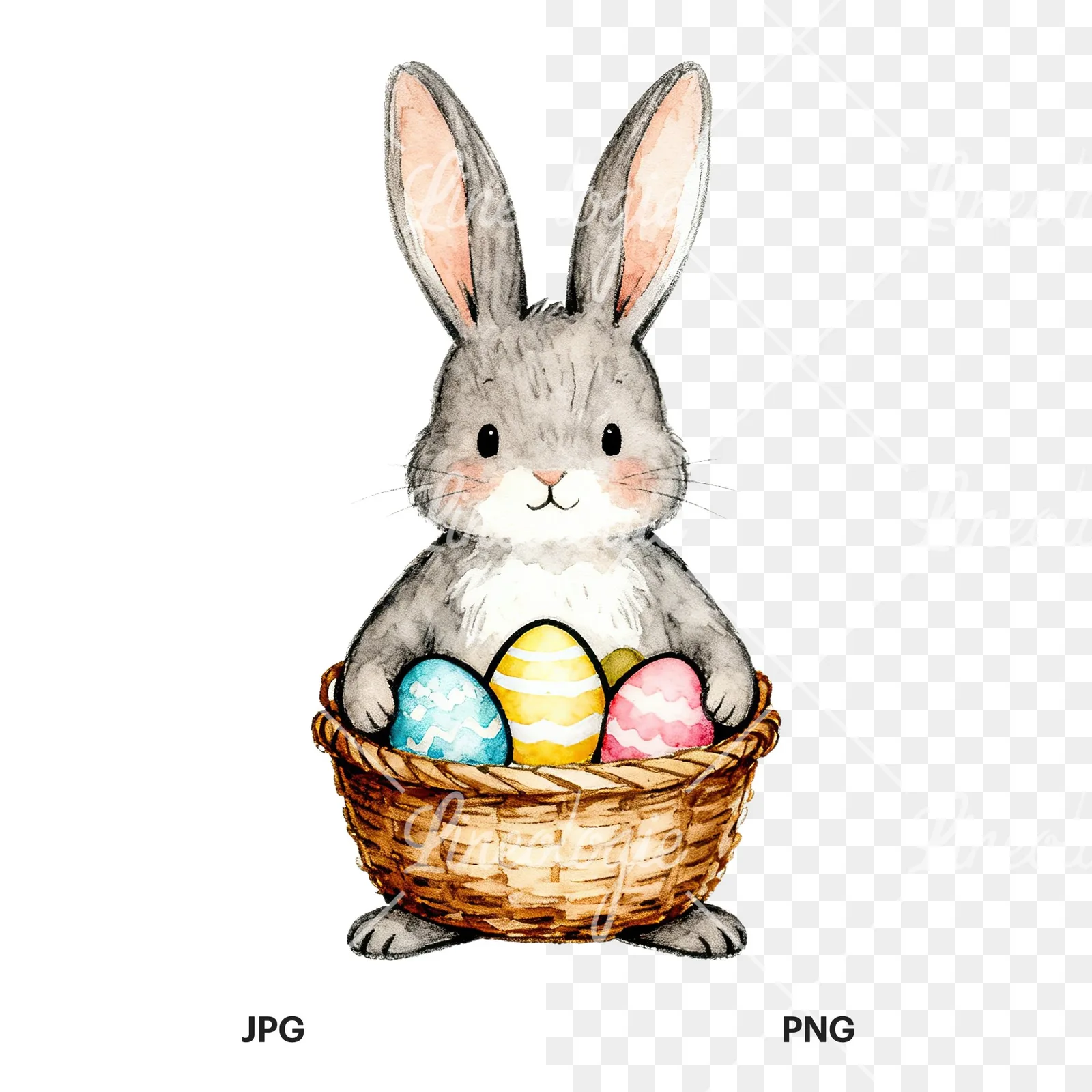 Watercolor Easter bunny with floral accents clipart 1 of 8, as a JPG on white and a transparent PNG