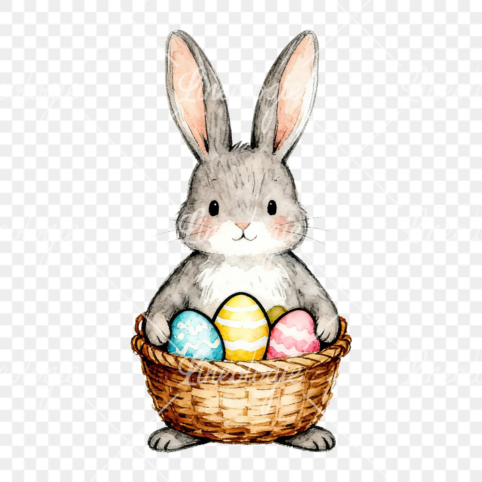 Watercolor Easter bunny with floral accents clipart 1 of 8 on a transparent background (PNG)