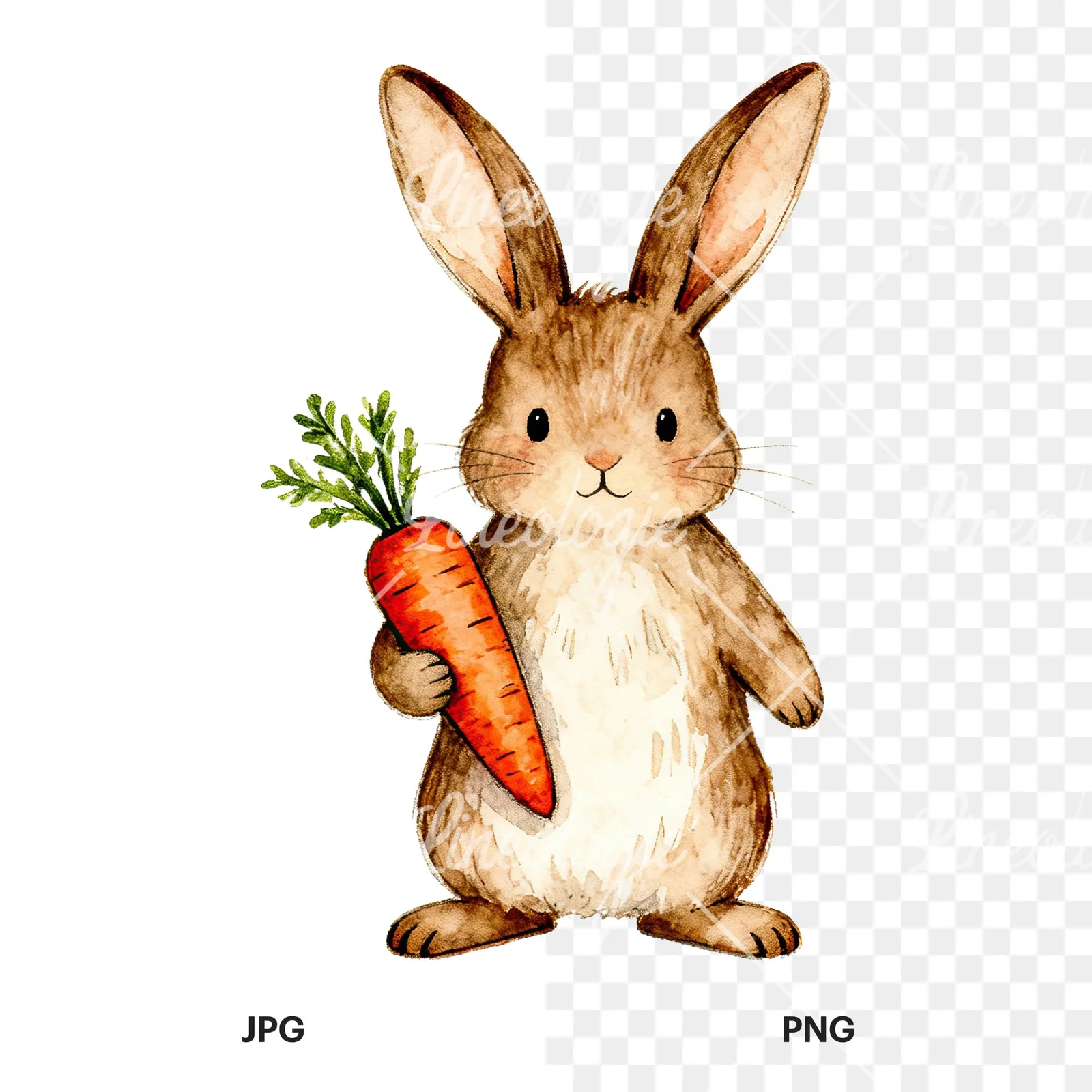 Watercolor Easter bunny with floral accents clipart 2 of 8, as a JPG on white and a transparent PNG